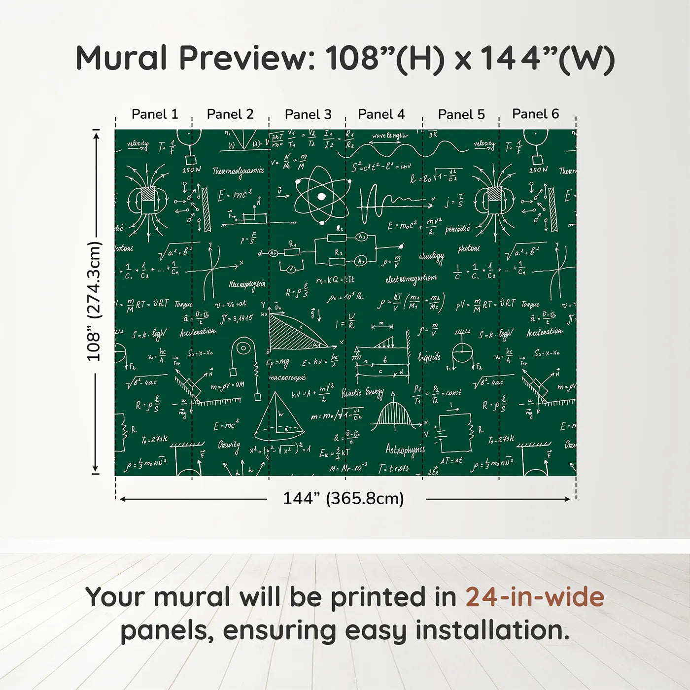 Whimsy Tots Physics Chalkboard Wall Muraldimension view (108" H x 144" W). Printed in six 24-inch-wide panels. Gender-Neutral