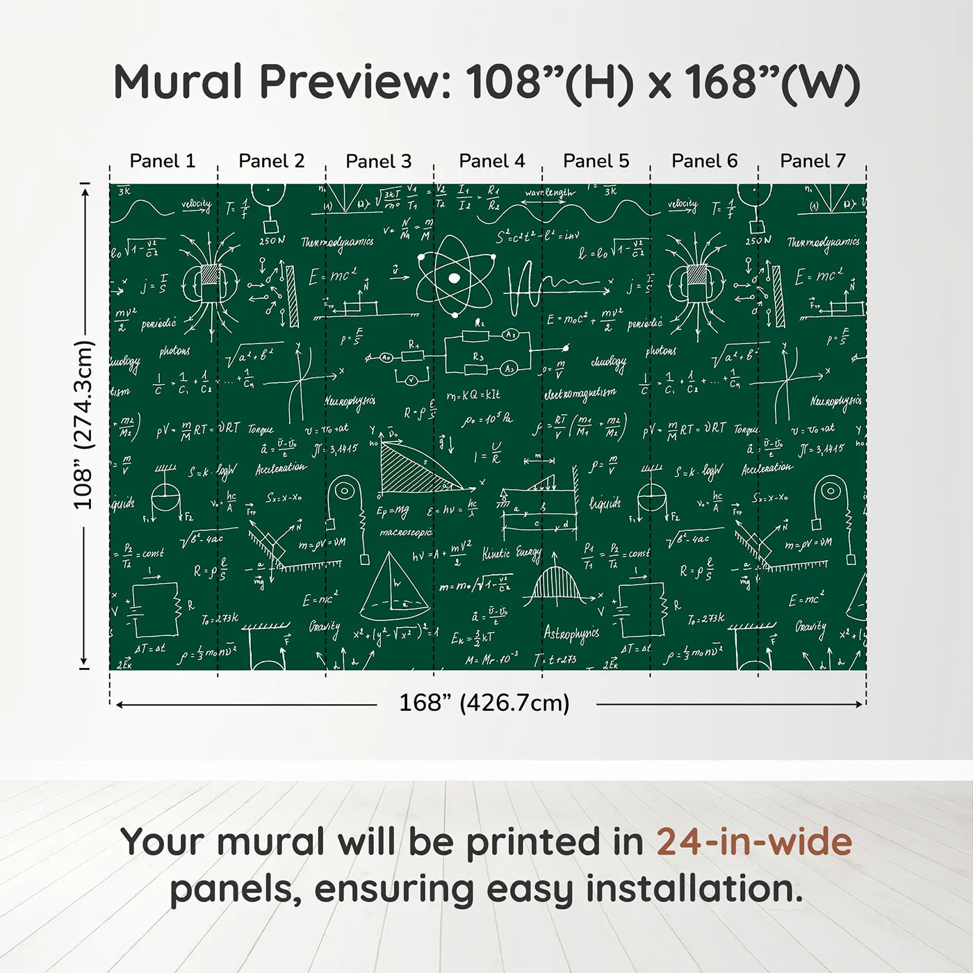 Whimsy Tots Physics Chalkboard Wall Muraldimension view (108" H x 168" W). Printed in seven 24-inch-wide panels. Gender-Neutral