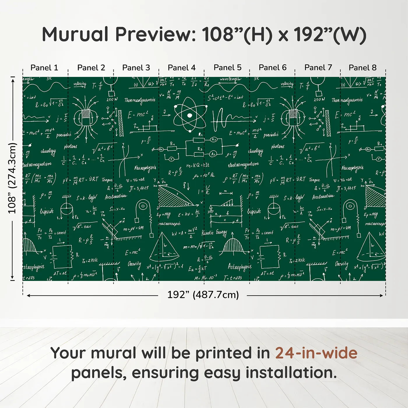 Whimsy Tots Physics Chalkboard Wall Muraldimension view (108" H x 192" W). Printed in eight 24-inch-wide panels. Gender-Neutral