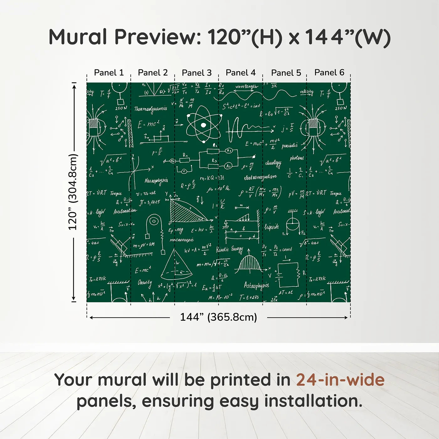 Whimsy Tots Physics Chalkboard Wall Muraldimension view (120" H x 144" W). Printed in six 24-inch-wide panels. Gender-Neutral