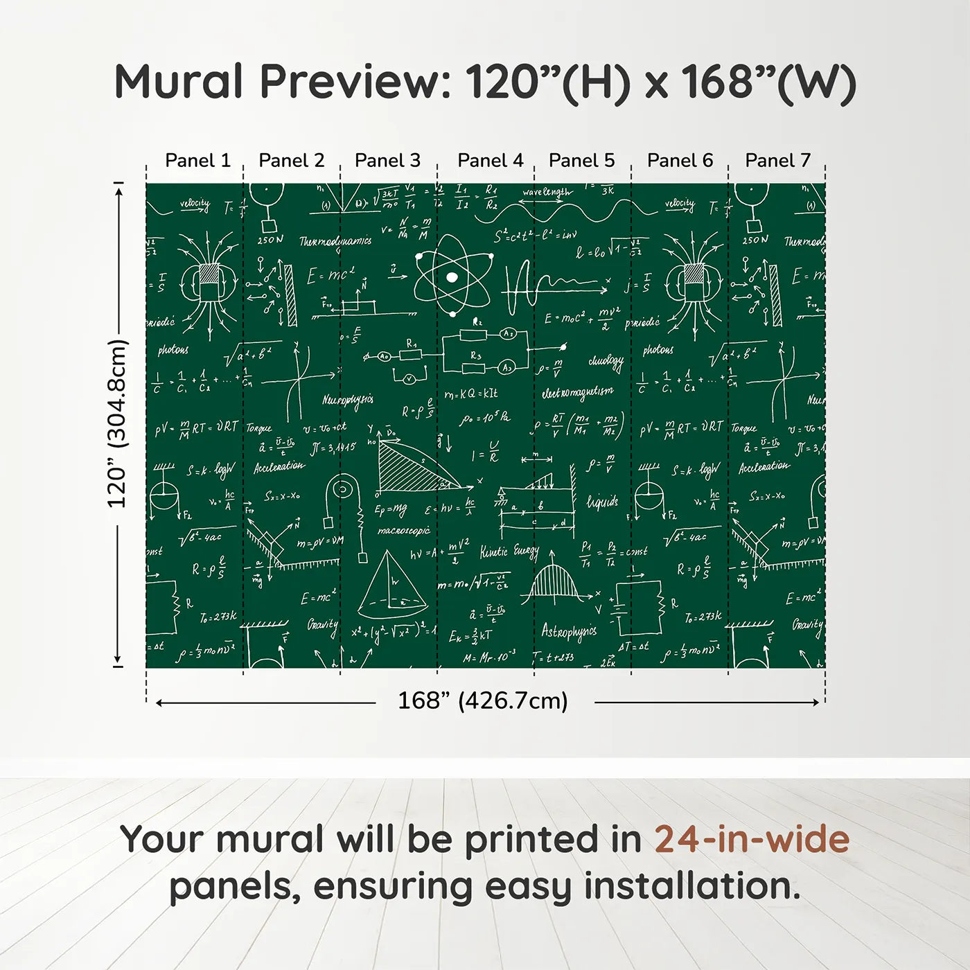 Whimsy Tots Physics Chalkboard Wall Muraldimension view (120" H x 168" W). Printed in seven 24-inch-wide panels. Gender-Neutral