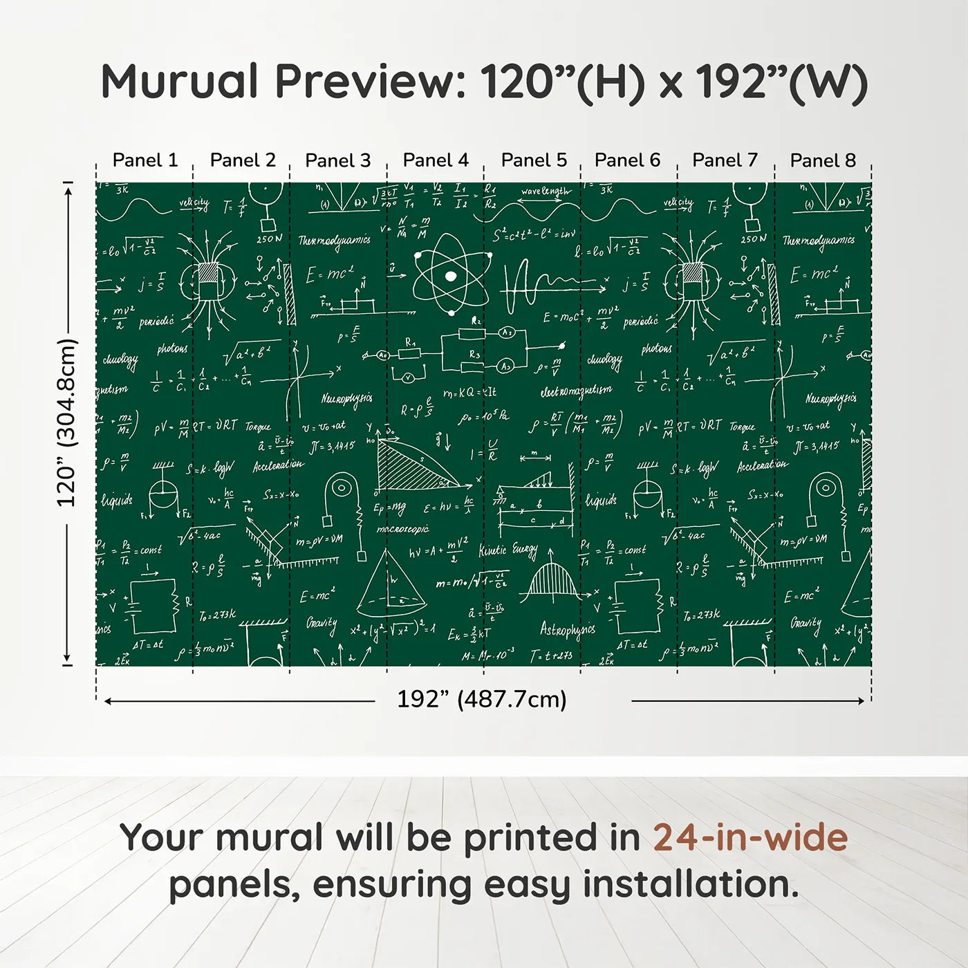Whimsy Tots Physics Chalkboard Wall Muraldimension view (120" H x 192" W). Printed in eight 24-inch-wide panels. Gender-Neutral
