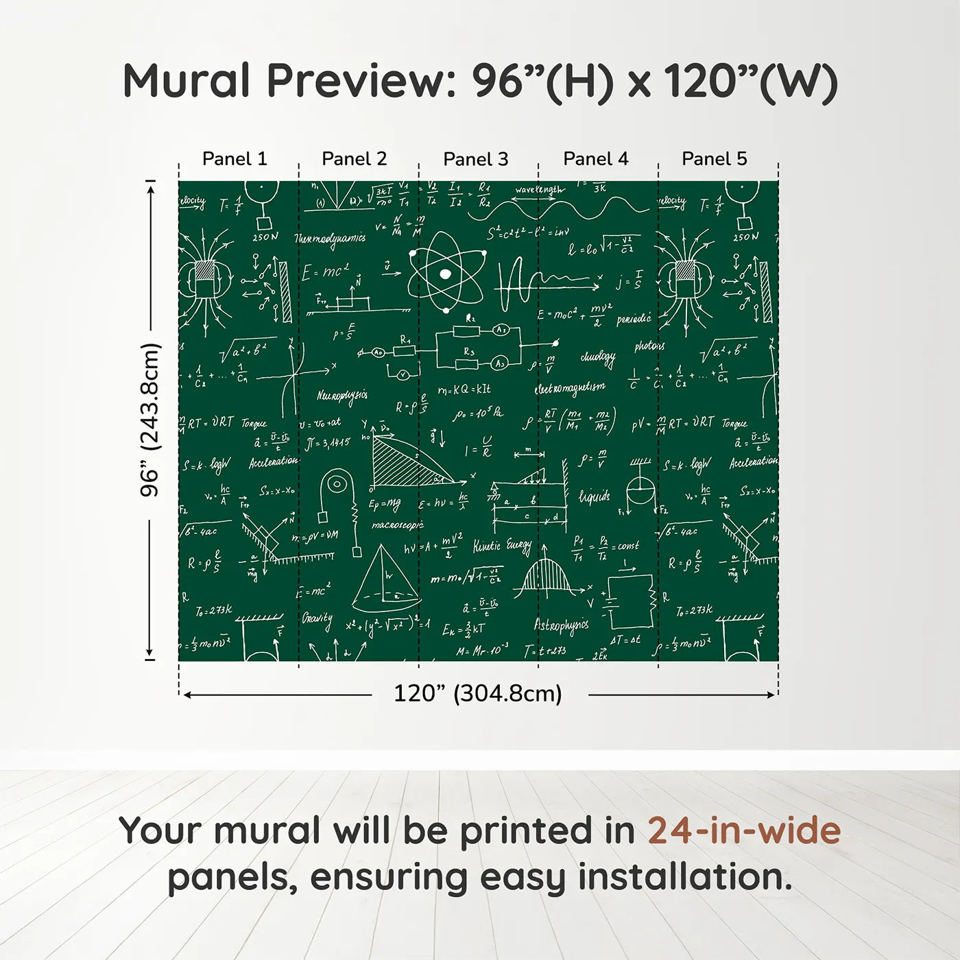 Whimsy Tots Physics Chalkboard Wall Muraldimension view (96" H x 120" W). Printed in five 24-inch-wide panels. Gender-Neutral