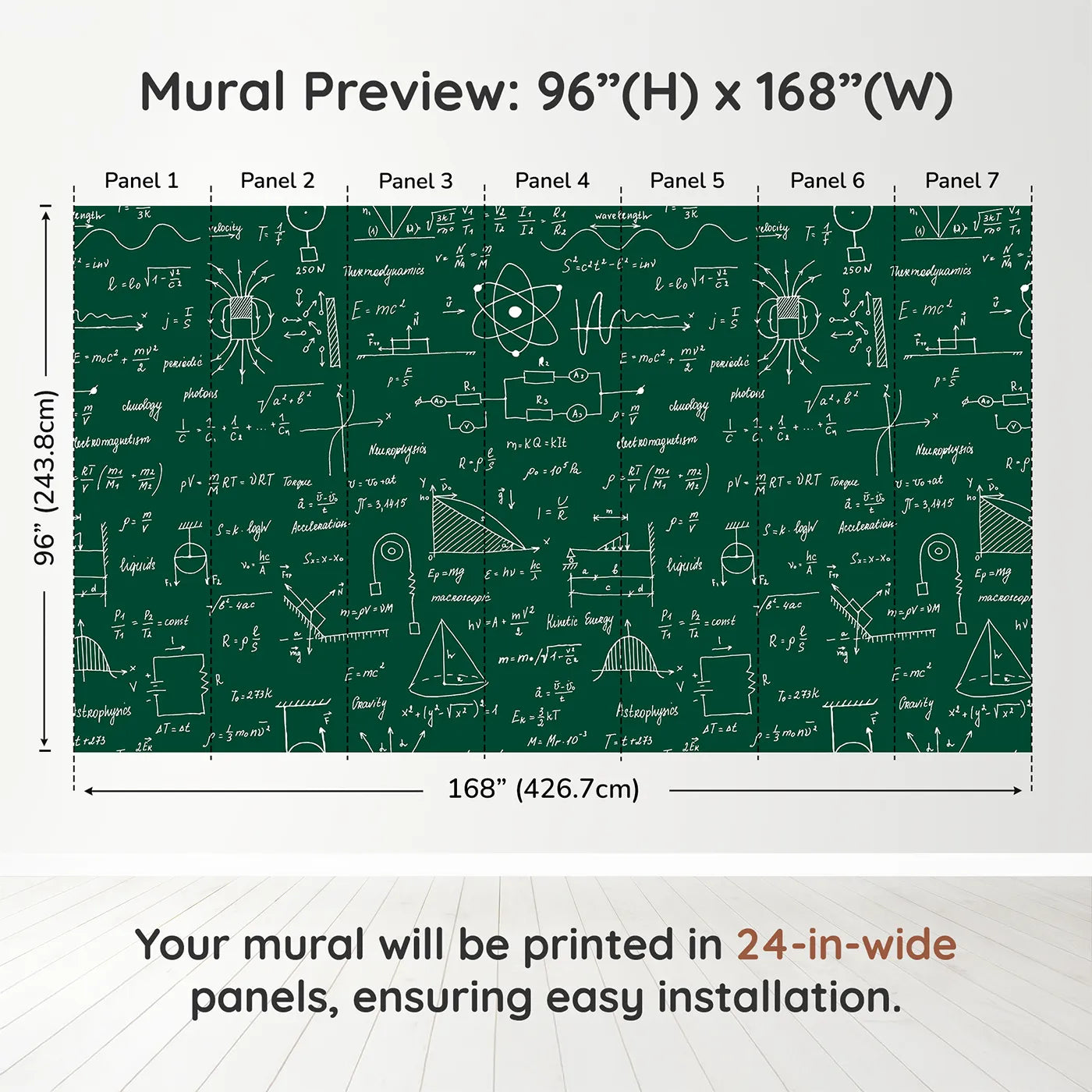 Whimsy Tots Physics Chalkboard Wall Muraldimension view (96" H x 168" W). Printed in seven 24-inch-wide panels. Gender-Neutral