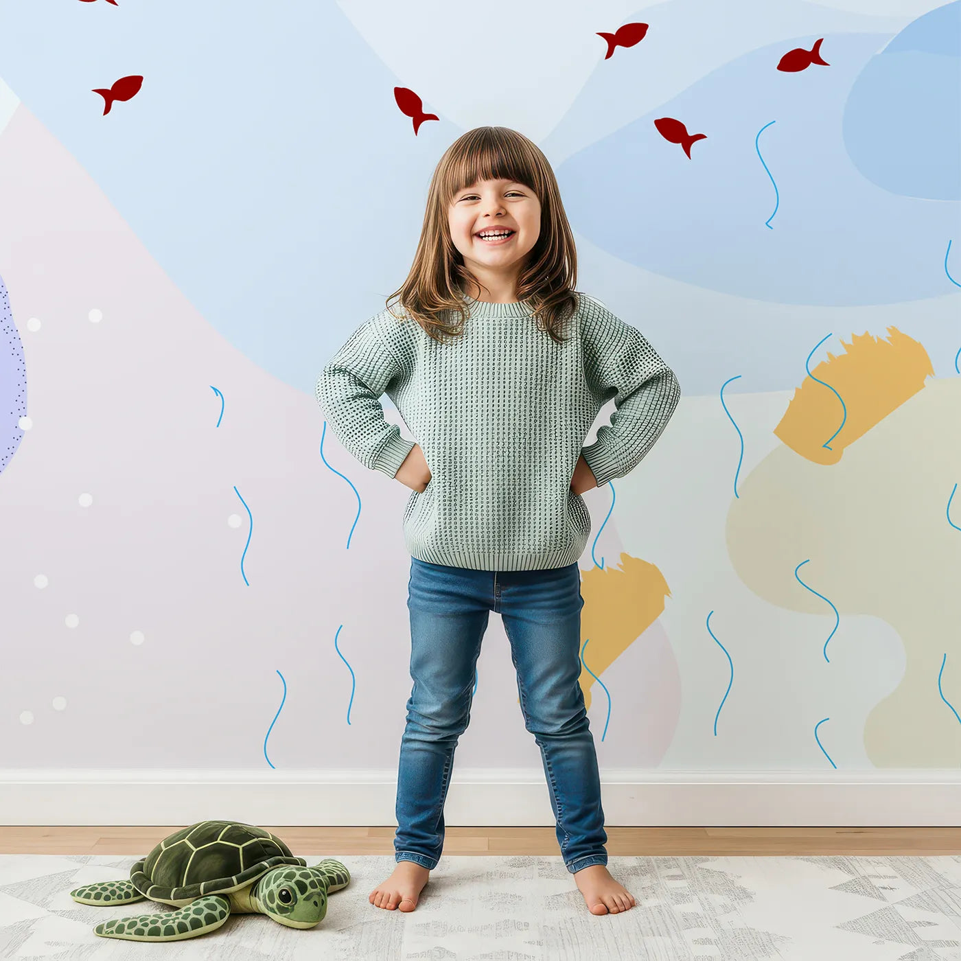 Child in front of Whimsy Tots Abstract Shark Reef Wall Mural with shark, stingray, fish, ocean, sea, abstract, underwater in design.