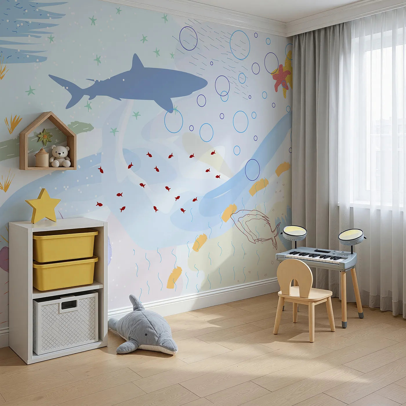 Angled view of Whimsy Tots' Abstract Shark Reef Wall Mural (Turn Their Room into a Modern Underwater Adventure).Gender-Neutral