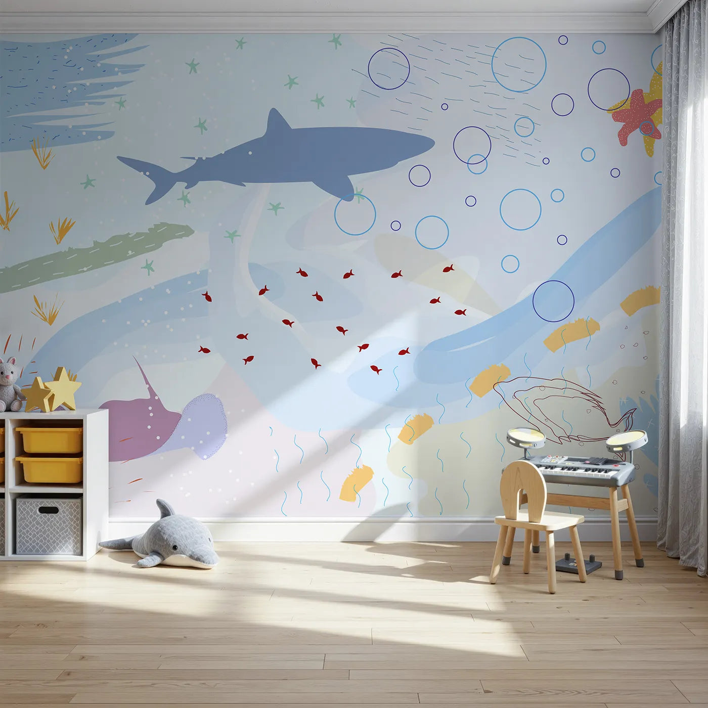 Front view of Whimsy Tots' Abstract Shark Reef Wall Mural