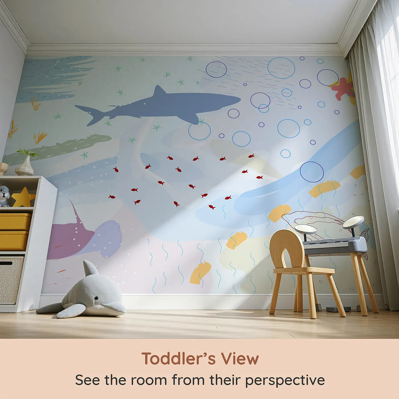 Whimsy Tots Abstract Shark Reef Wall Mural (Turn Their Room into a Modern Underwater Adventure) from your child's view.Gender-Neutral