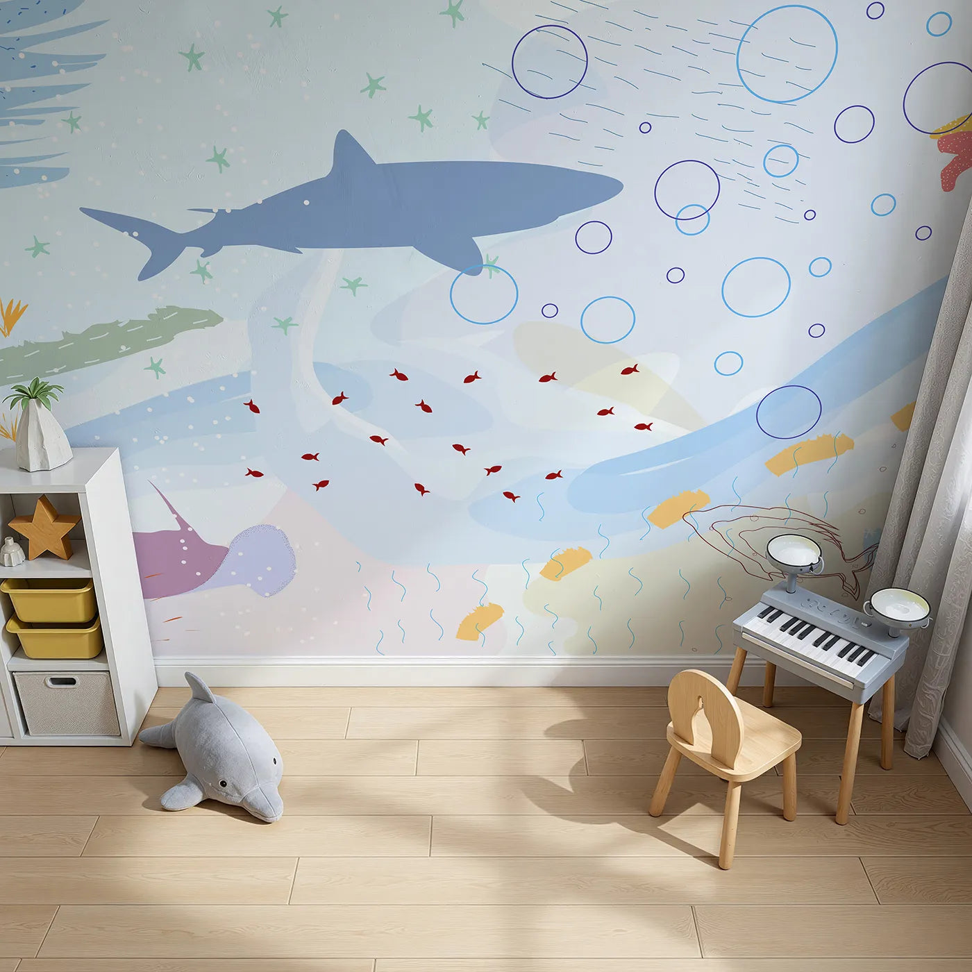 Top-down view of Whimsy Tots' Abstract Shark Reef Wall Mural (Turn Their Room into a Modern Underwater Adventure).Gender-Neutral