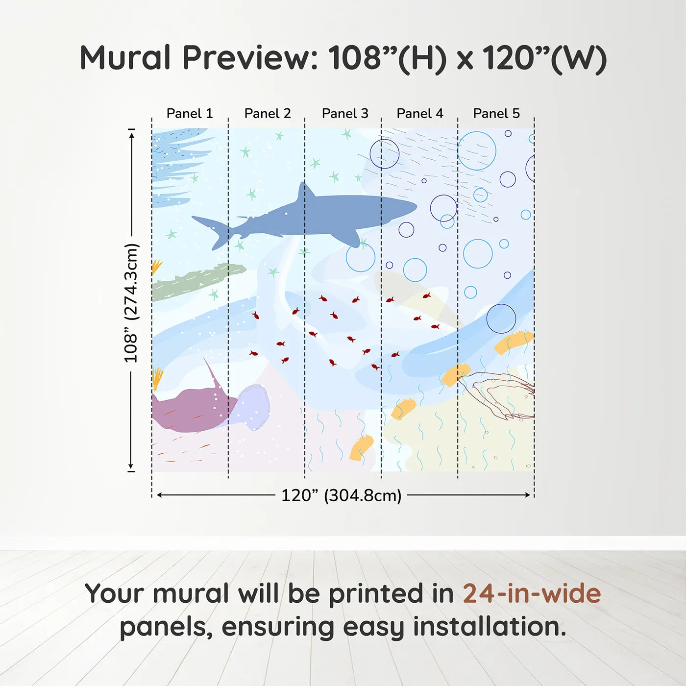 Whimsy Tots Abstract Shark Reef Wall Muraldimension view (108" H x 120" W). Printed in five 24-inch-wide panels. Gender-Neutral