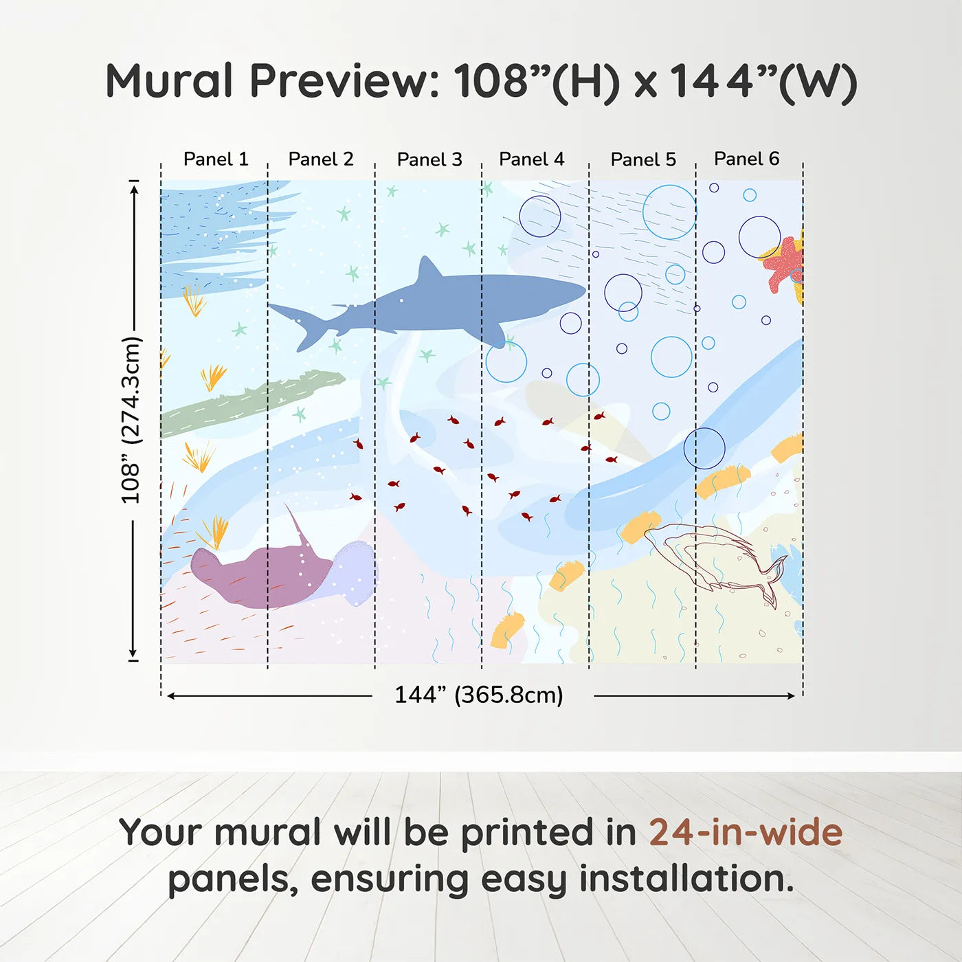 Whimsy Tots Abstract Shark Reef Wall Muraldimension view (108" H x 144" W). Printed in six 24-inch-wide panels. Gender-Neutral