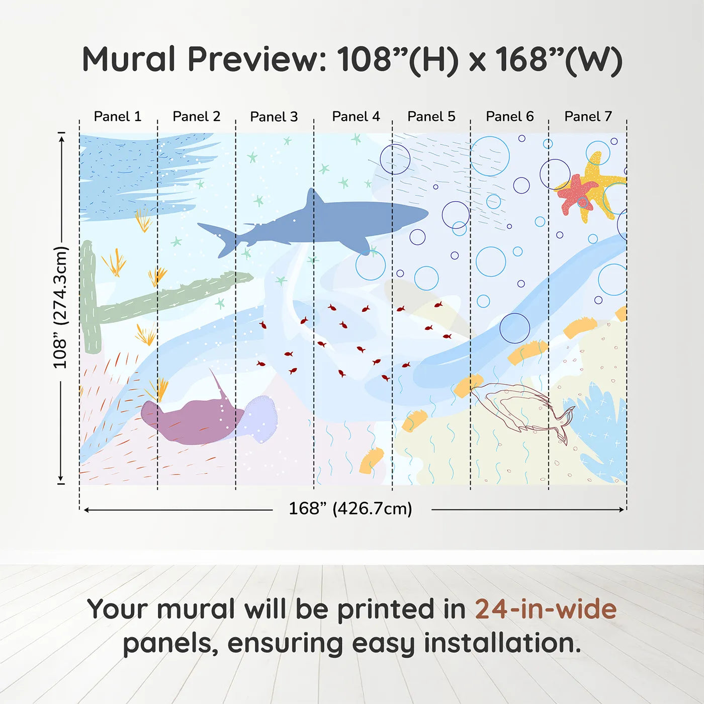 Whimsy Tots Abstract Shark Reef Wall Muraldimension view (108" H x 168" W). Printed in seven 24-inch-wide panels. Gender-Neutral