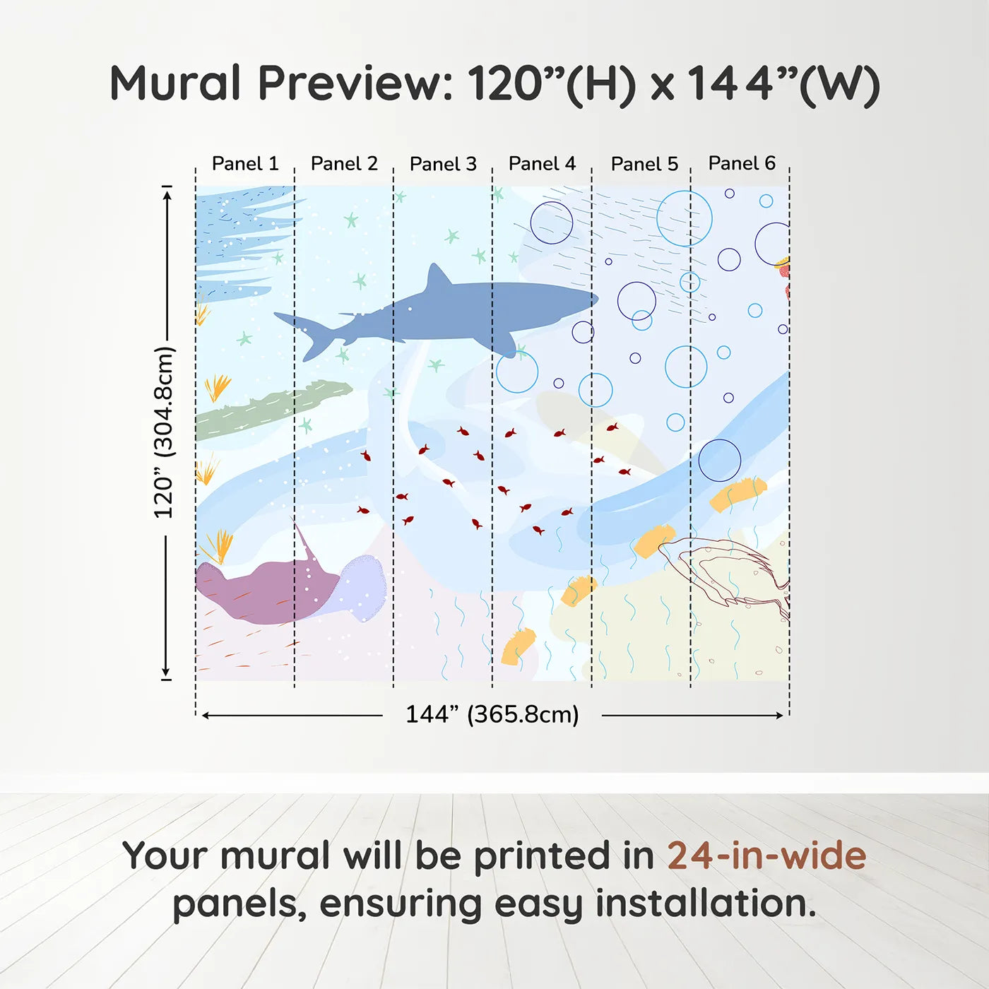 Whimsy Tots Abstract Shark Reef Wall Muraldimension view (120" H x 144" W). Printed in six 24-inch-wide panels. Gender-Neutral