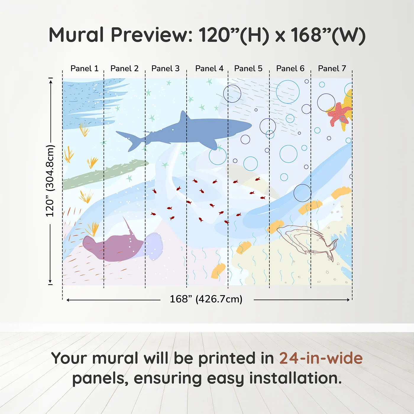 Whimsy Tots Abstract Shark Reef Wall Muraldimension view (120" H x 168" W). Printed in seven 24-inch-wide panels. Gender-Neutral
