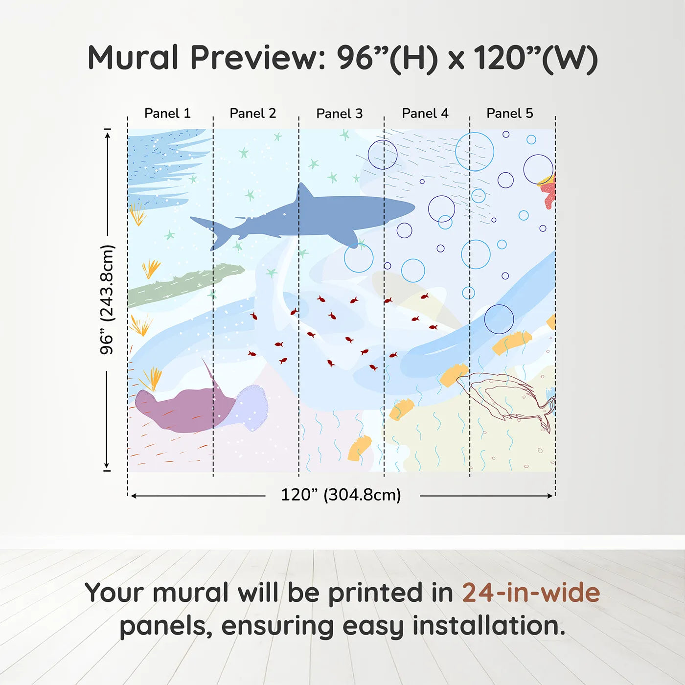 Whimsy Tots Abstract Shark Reef Wall Muraldimension view (96" H x 120" W). Printed in five 24-inch-wide panels. Gender-Neutral