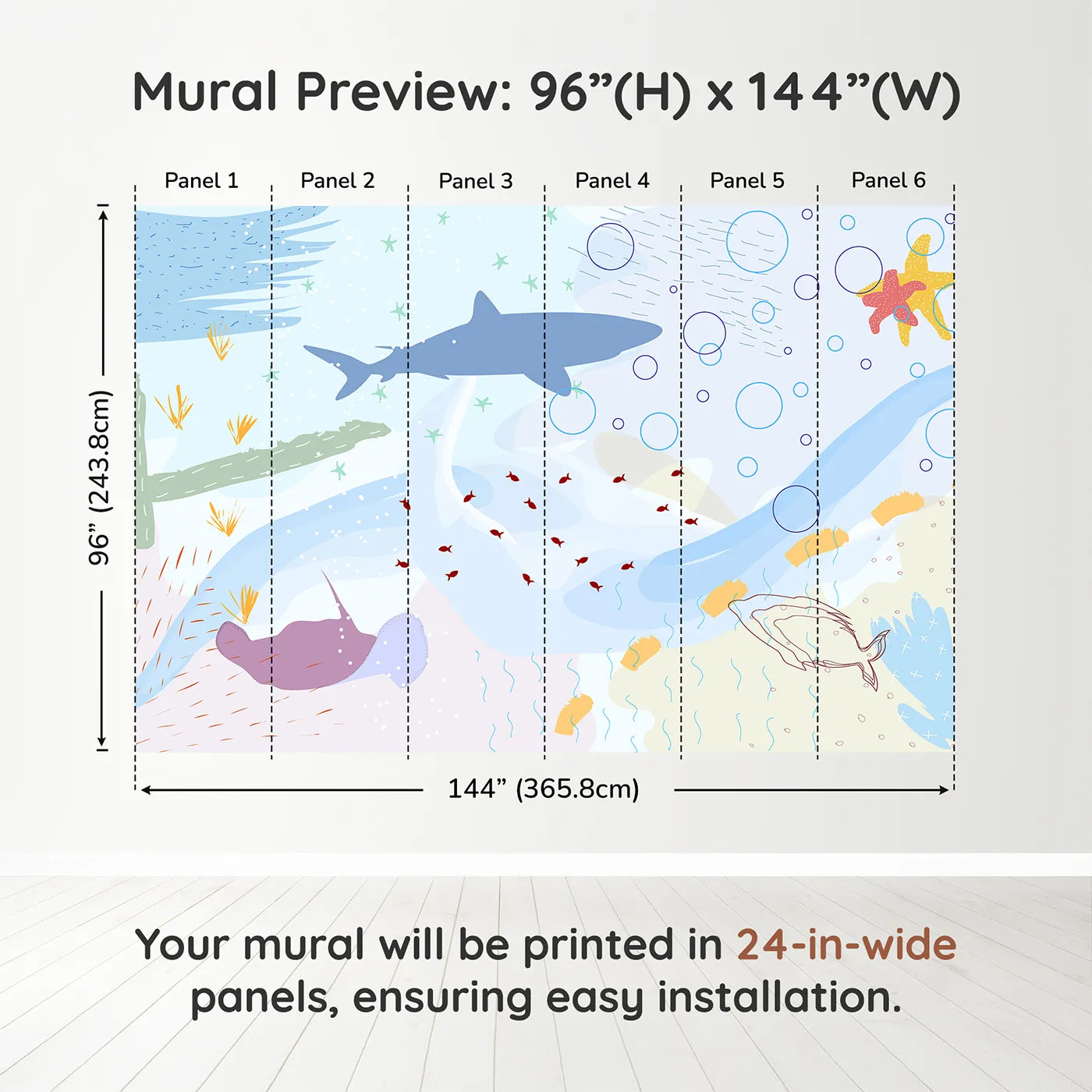 Whimsy Tots Abstract Shark Reef Wall Muraldimension view (96" H x 144" W). Printed in six 24-inch-wide panels. Gender-Neutral