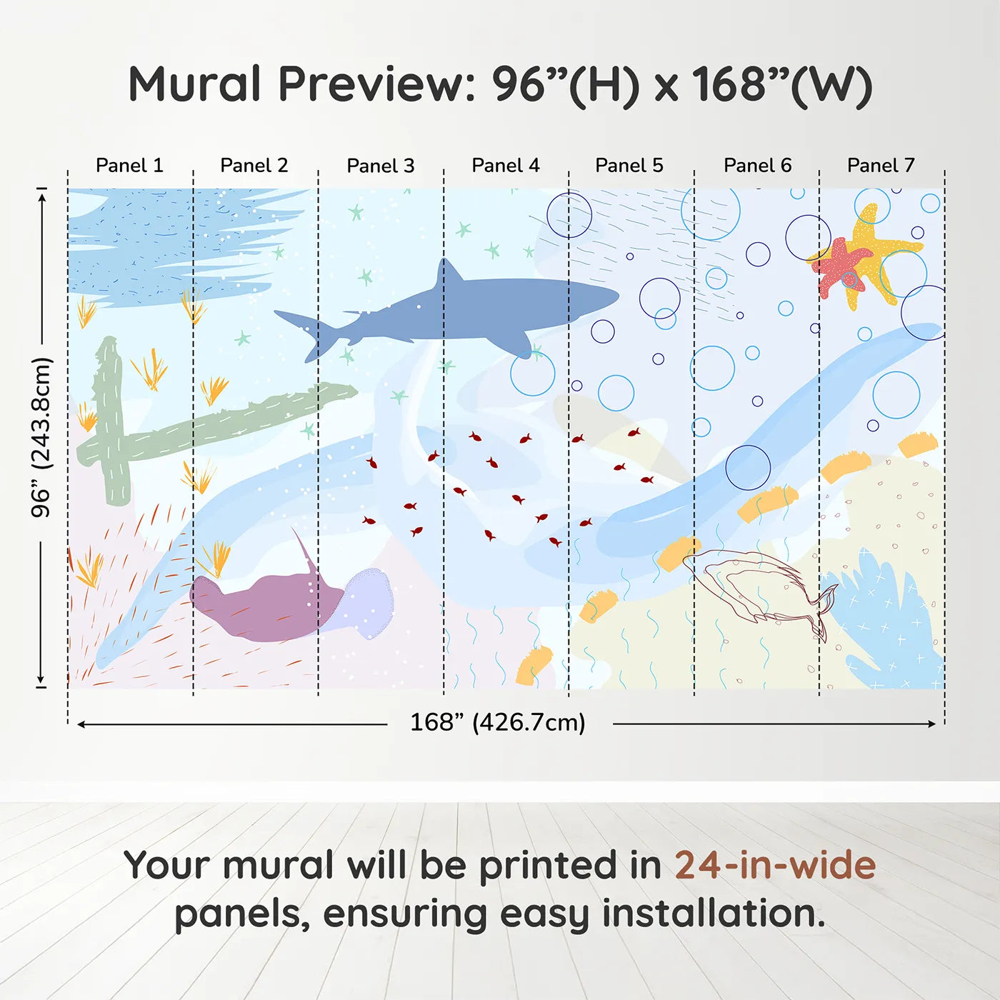 Whimsy Tots Abstract Shark Reef Wall Muraldimension view (96" H x 168" W). Printed in seven 24-inch-wide panels. Gender-Neutral