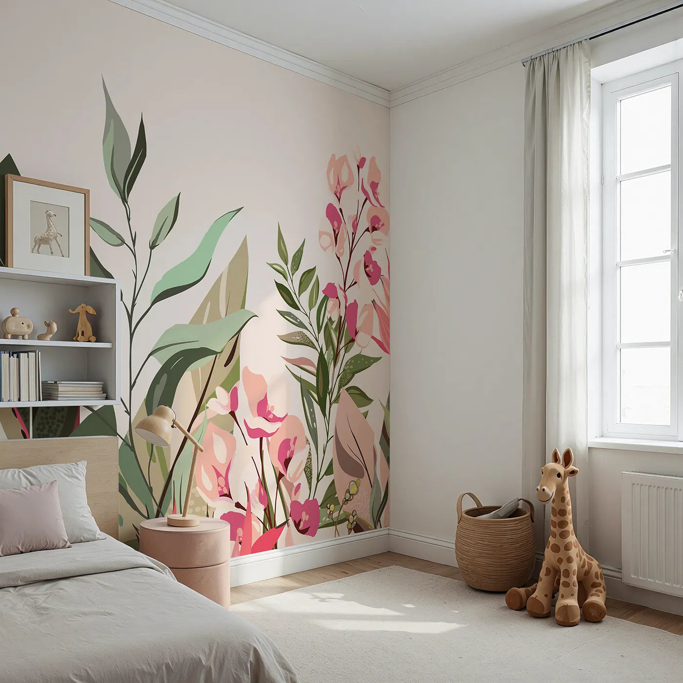 Angled view of Whimsy Tots' Tropical Garden Border Wall Mural (Turn Their Room into a Lush Tropical Paradise).Best for Girls