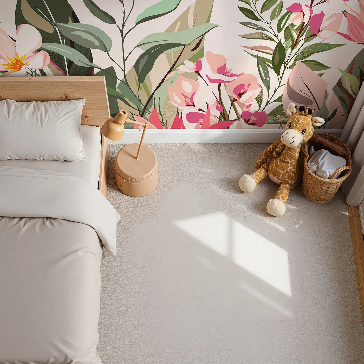 Top-down view of Whimsy Tots' Tropical Garden Border Wall Mural (Turn Their Room into a Lush Tropical Paradise).Best for Girls