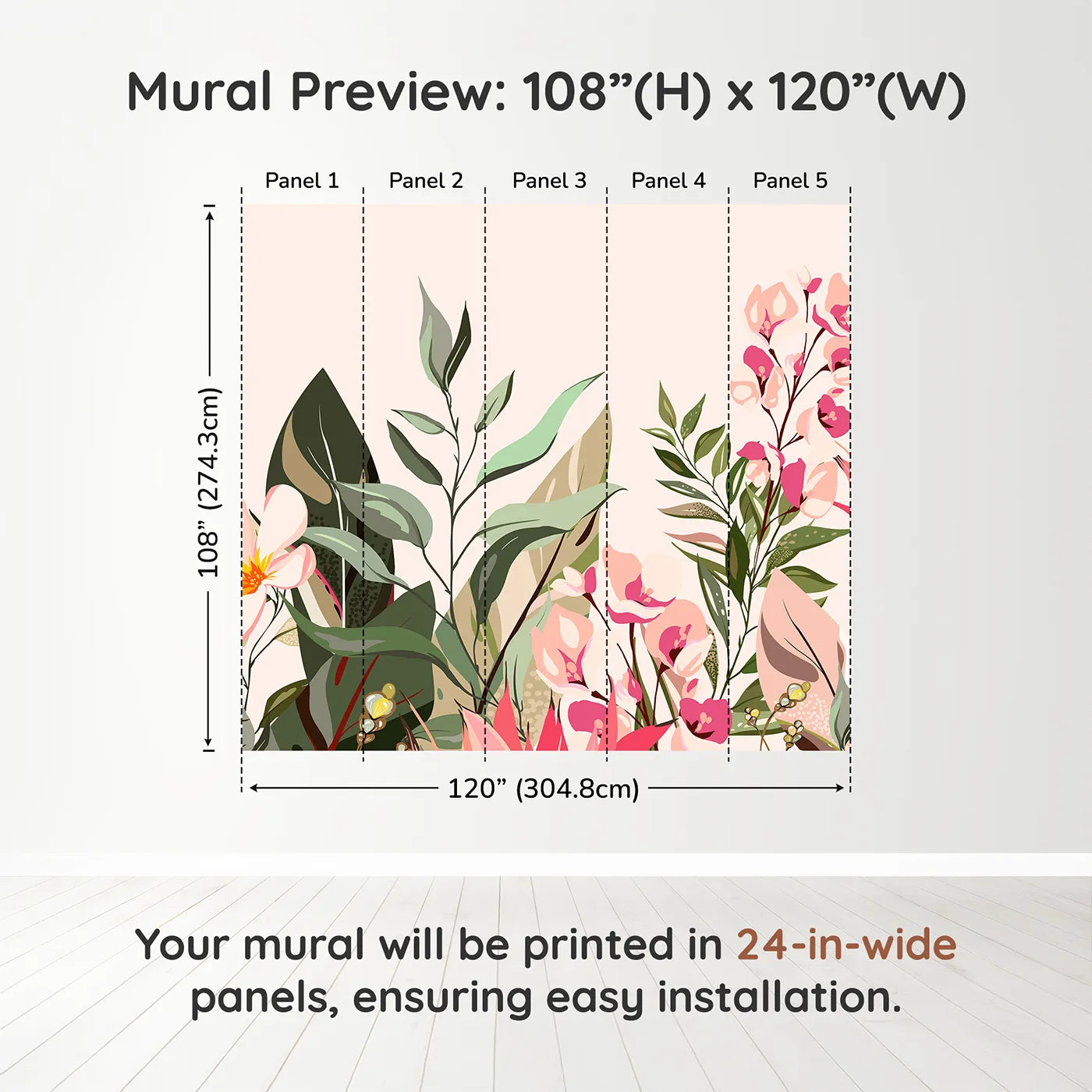 Whimsy Tots Tropical Garden Border Wall Muraldimension view (108" H x 120" W). Printed in five 24-inch-wide panels. Best for Girls