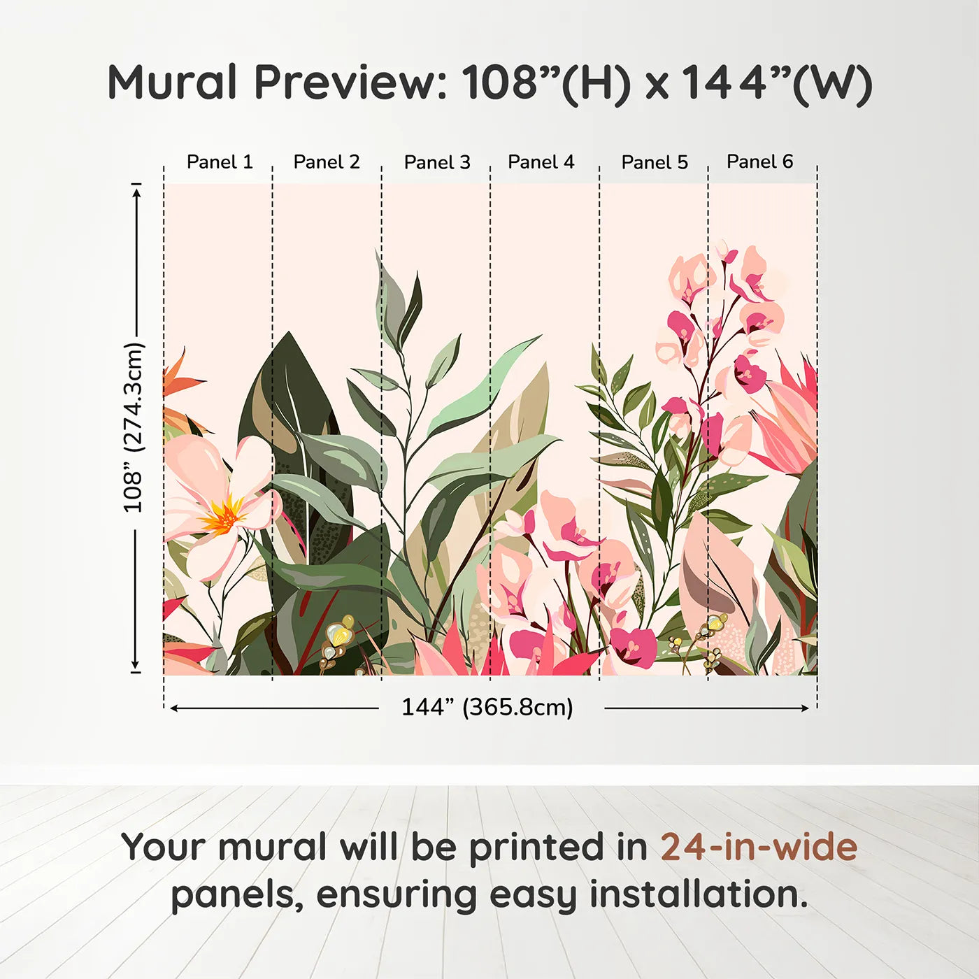 Whimsy Tots Tropical Garden Border Wall Muraldimension view (108" H x 144" W). Printed in six 24-inch-wide panels. Best for Girls