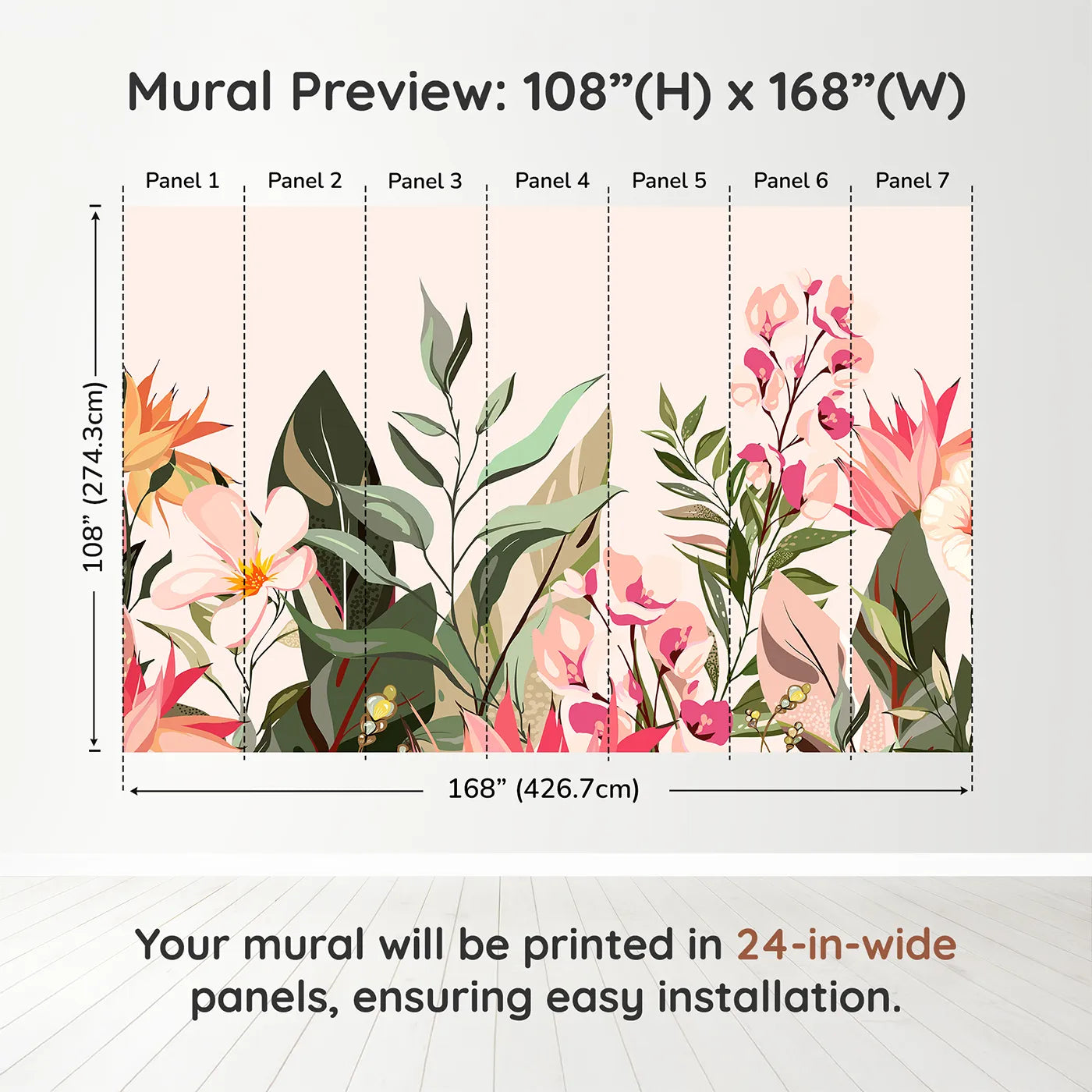 Whimsy Tots Tropical Garden Border Wall Muraldimension view (108" H x 168" W). Printed in seven 24-inch-wide panels. Best for Girls