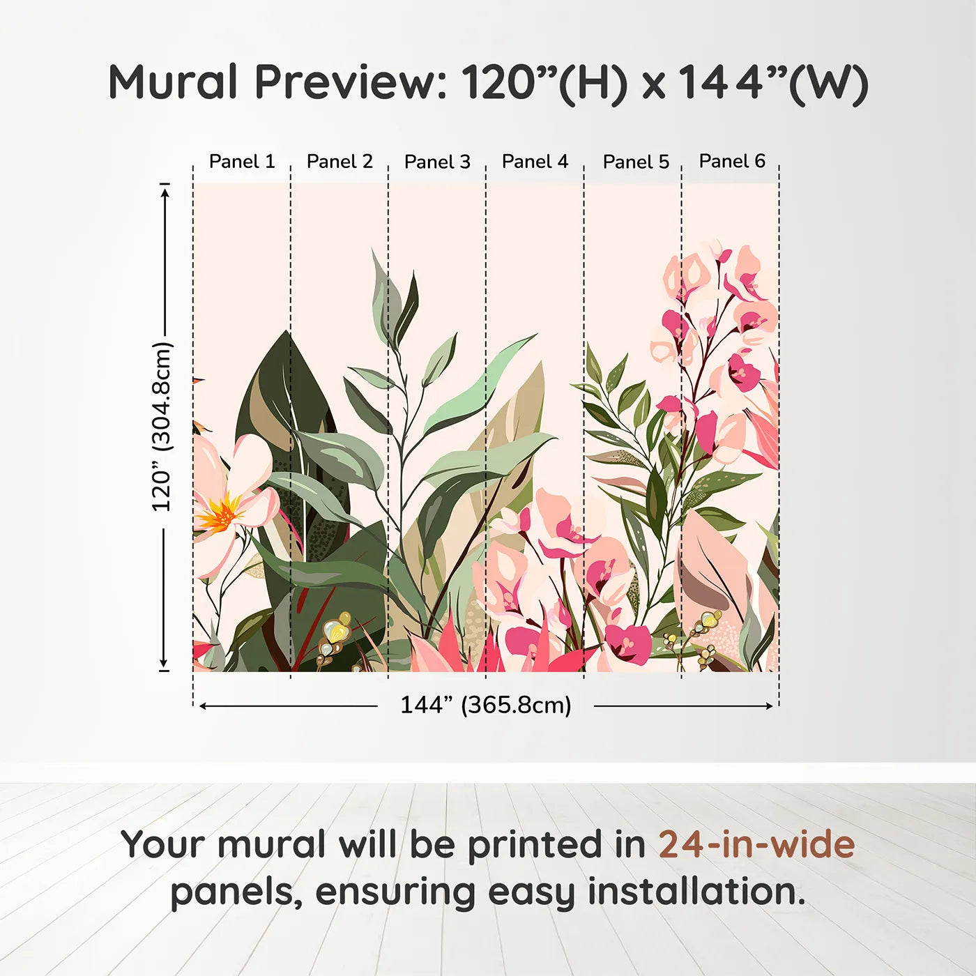 Whimsy Tots Tropical Garden Border Wall Muraldimension view (120" H x 144" W). Printed in six 24-inch-wide panels. Best for Girls