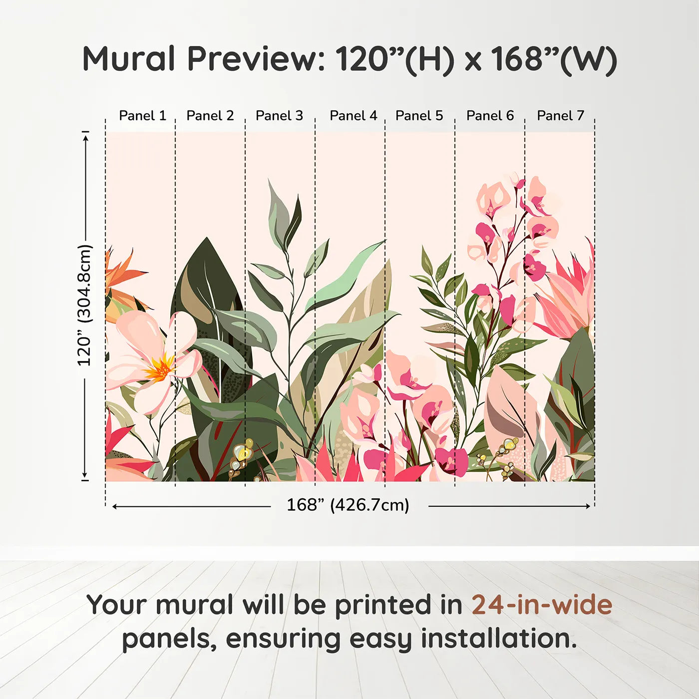 Whimsy Tots Tropical Garden Border Wall Muraldimension view (120" H x 168" W). Printed in seven 24-inch-wide panels. Best for Girls