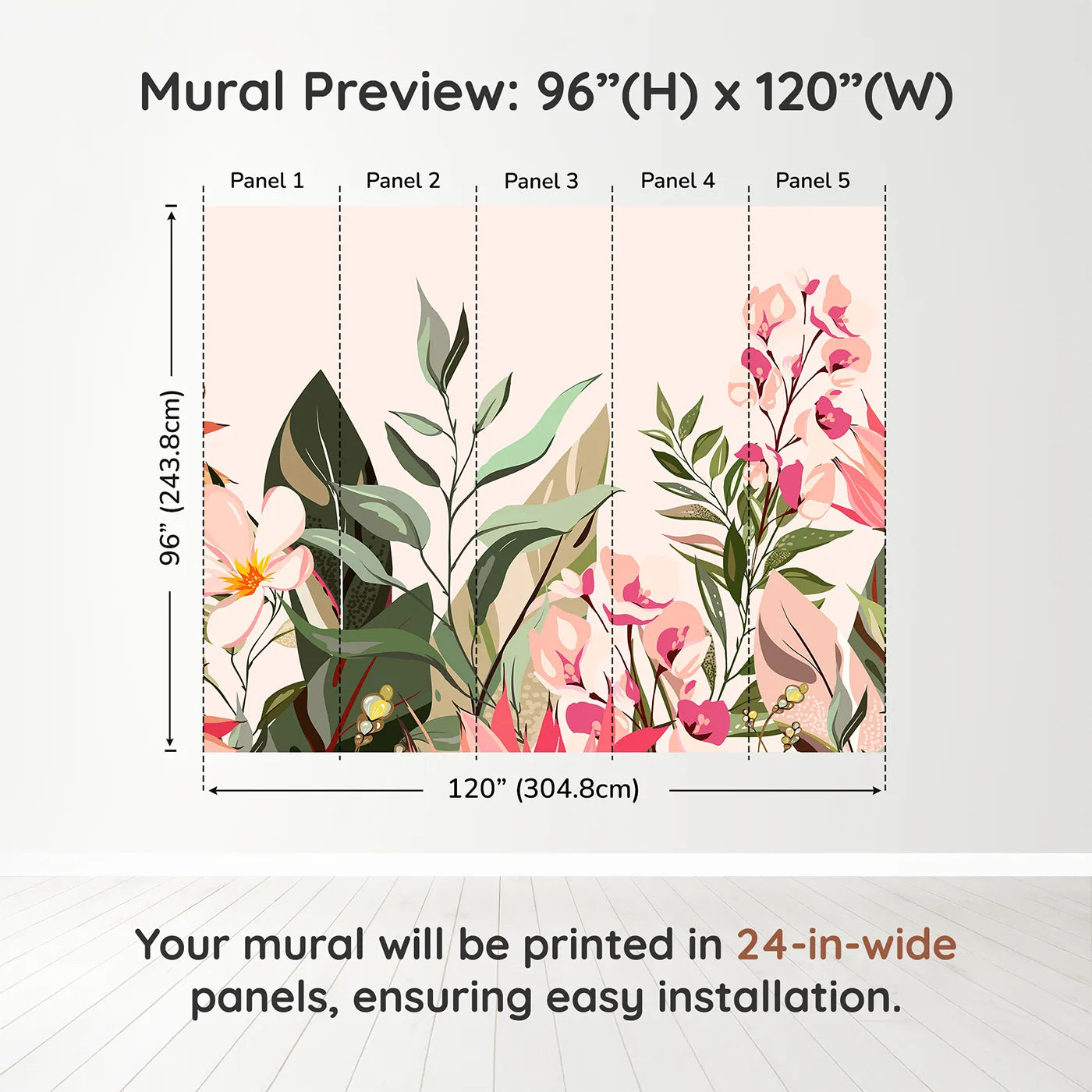 Whimsy Tots Tropical Garden Border Wall Muraldimension view (96" H x 120" W). Printed in five 24-inch-wide panels. Best for Girls