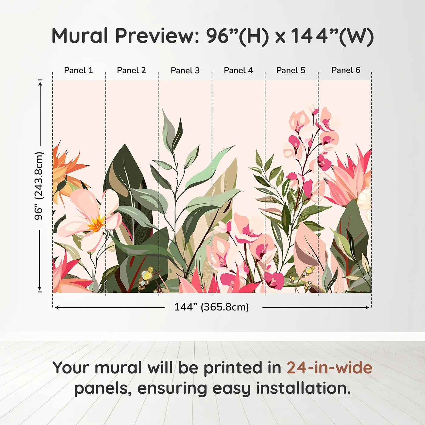 Whimsy Tots Tropical Garden Border Wall Muraldimension view (96" H x 144" W). Printed in six 24-inch-wide panels. Best for Girls