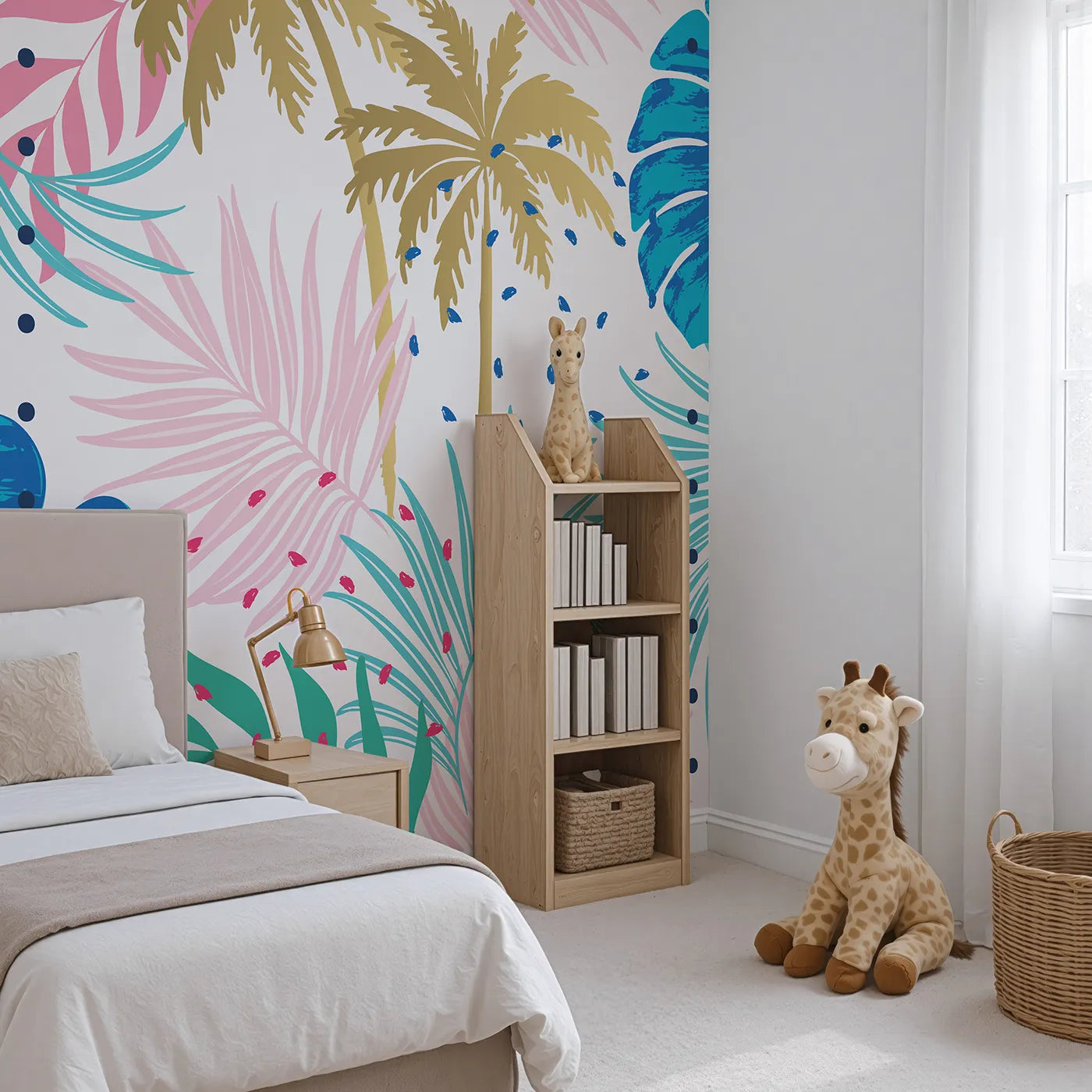 Angled view of Whimsy Tots' Pop Art Palm Leaves Wall Mural (Turn Their Room into a Funky Tropical Getaway).Gender-Neutral