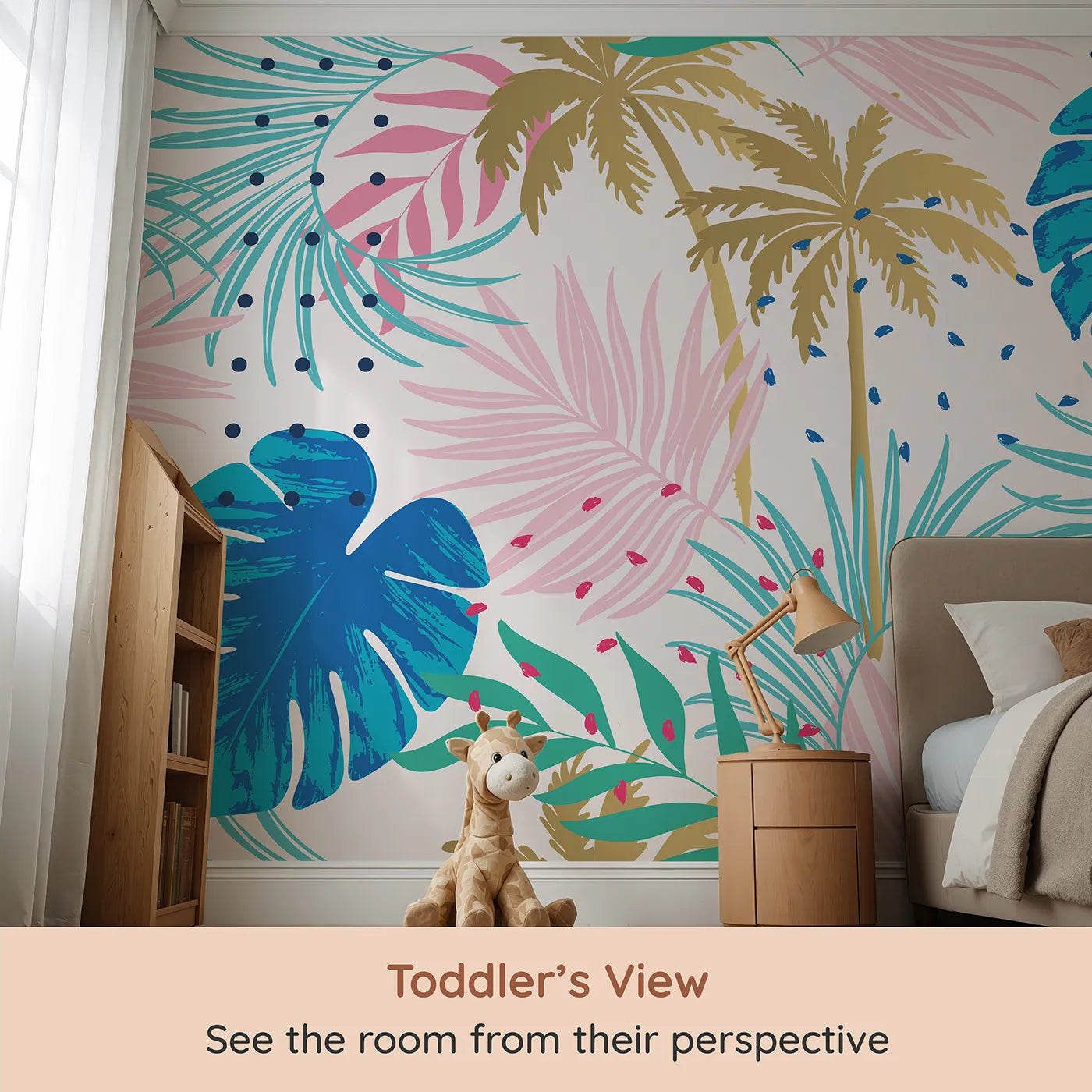 Whimsy Tots Pop Art Palm Leaves Wall Mural (Turn Their Room into a Funky Tropical Getaway) from your child's view.Gender-Neutral