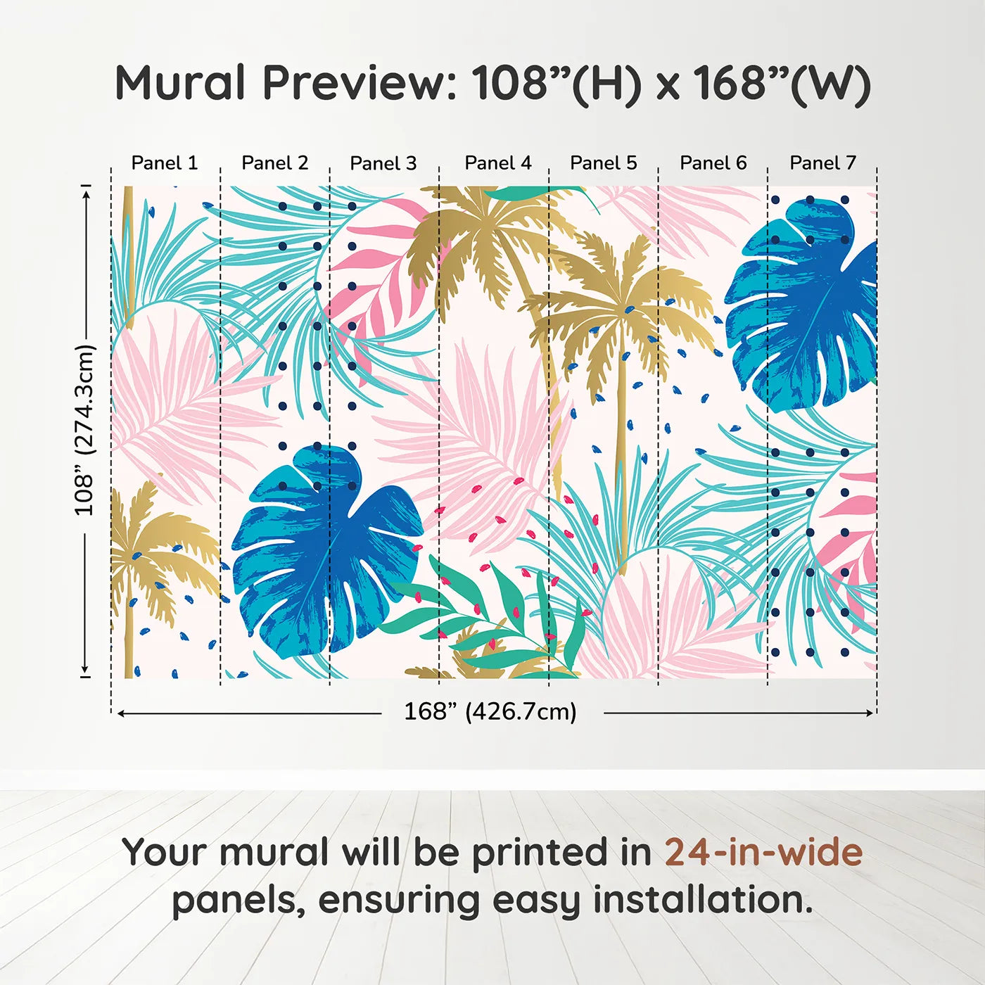 Whimsy Tots Pop Art Palm Leaves Wall Muraldimension view (108" H x 168" W). Printed in seven 24-inch-wide panels. Gender-Neutral