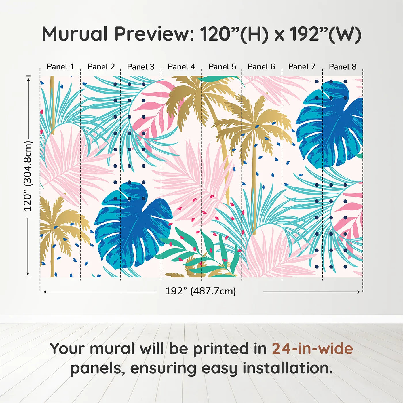Whimsy Tots Pop Art Palm Leaves Wall Muraldimension view (120" H x 192" W). Printed in eight 24-inch-wide panels. Gender-Neutral