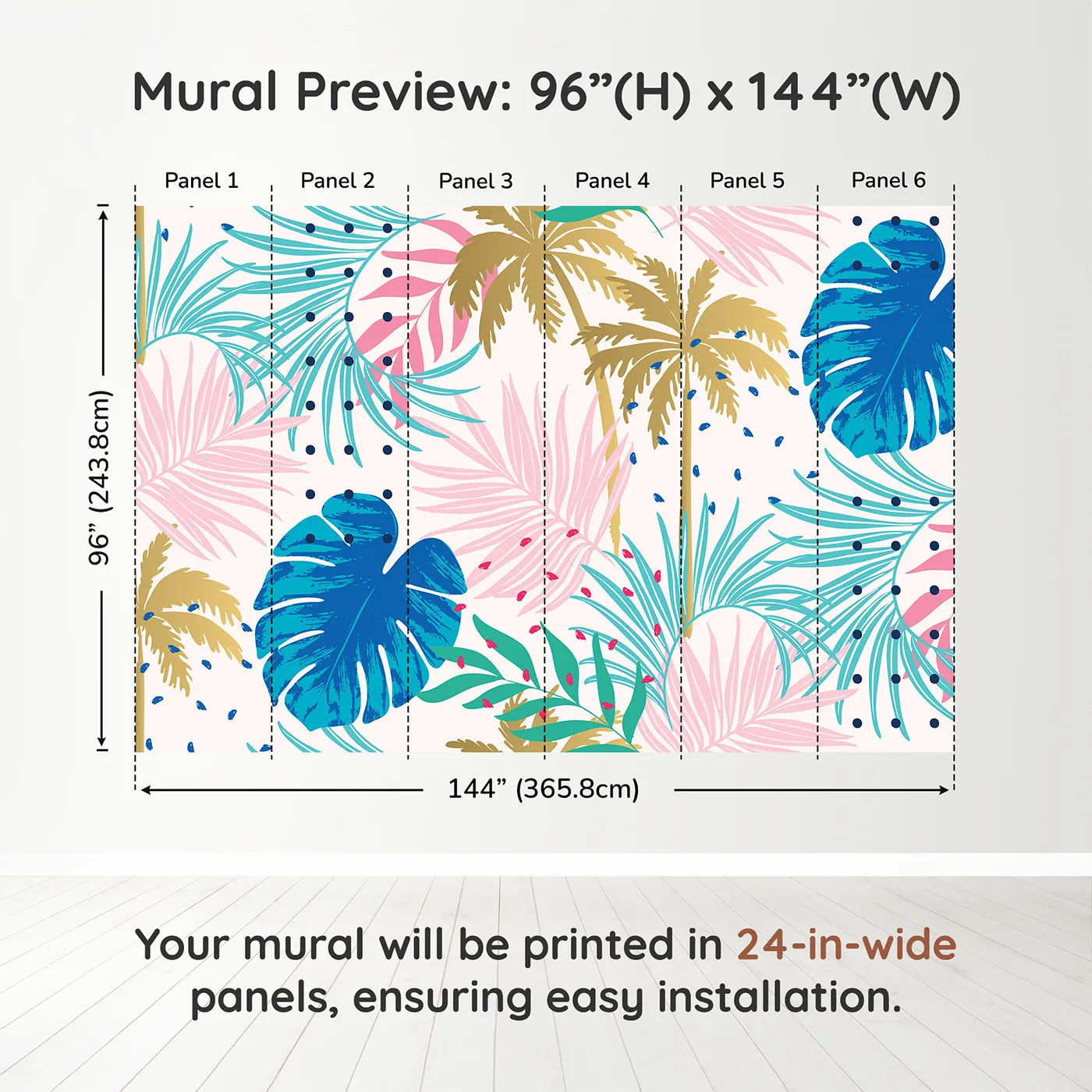 Whimsy Tots Pop Art Palm Leaves Wall Muraldimension view (96" H x 144" W). Printed in six 24-inch-wide panels. Gender-Neutral