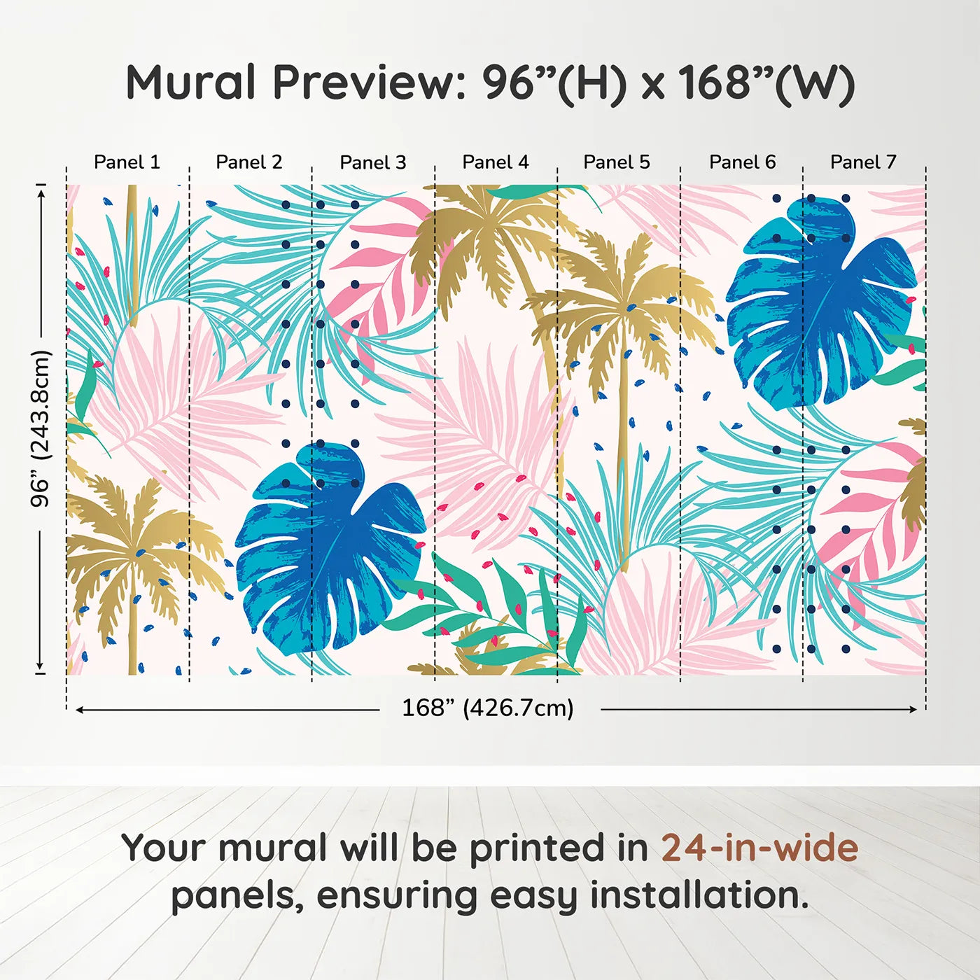Whimsy Tots Pop Art Palm Leaves Wall Muraldimension view (96" H x 168" W). Printed in seven 24-inch-wide panels. Gender-Neutral