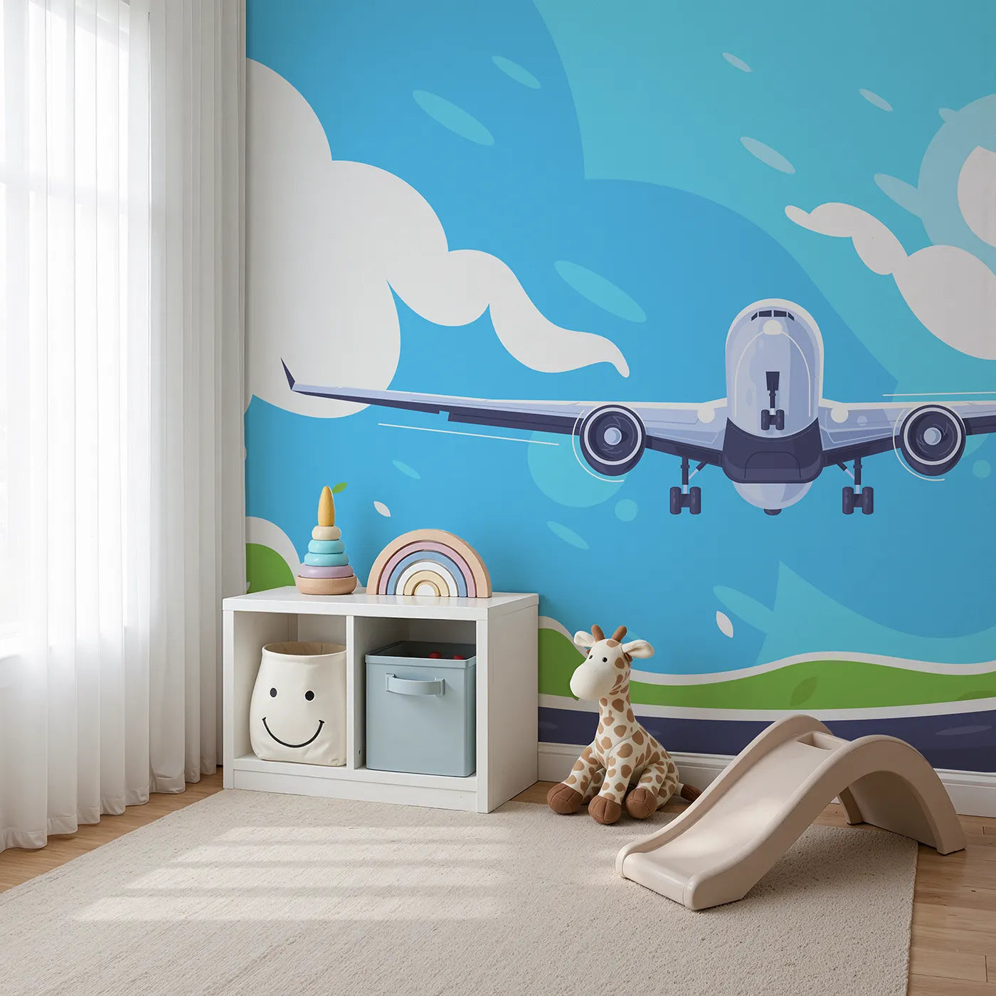Angled view of Whimsy Tots' Airplane Takeoff Wall Mural (Turn Their Room into a High-Flying Adventure).Gender-Neutral