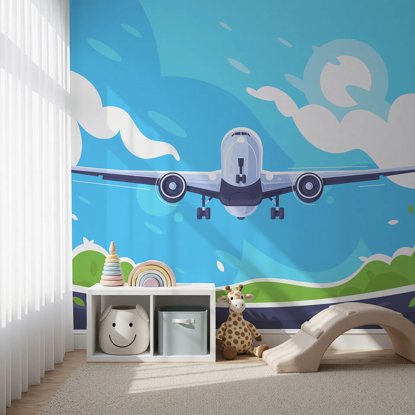 Front view of Whimsy Tots' Airplane Takeoff Wall Mural