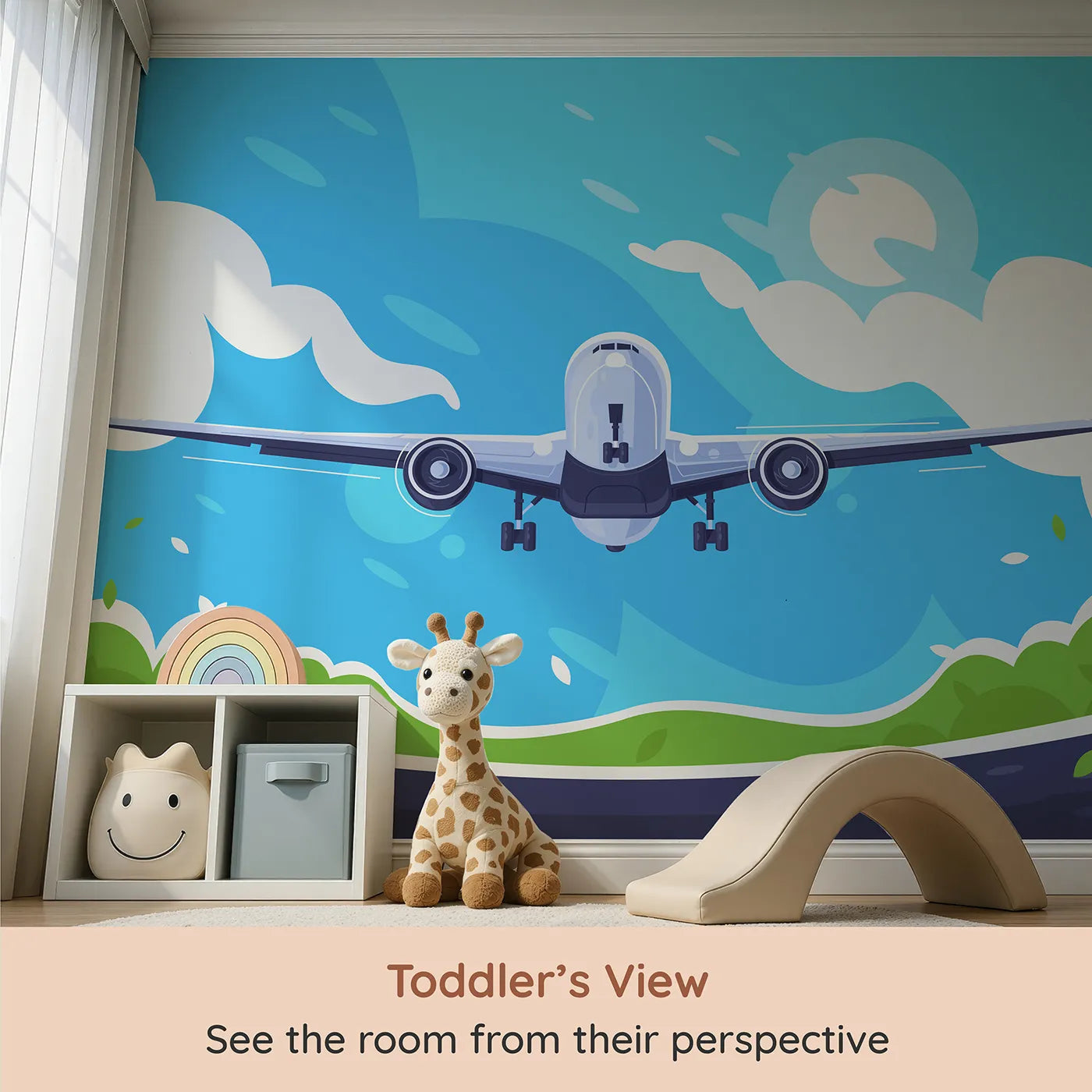 Whimsy Tots Airplane Takeoff Wall Mural (Turn Their Room into a High-Flying Adventure) from your child's view.Gender-Neutral