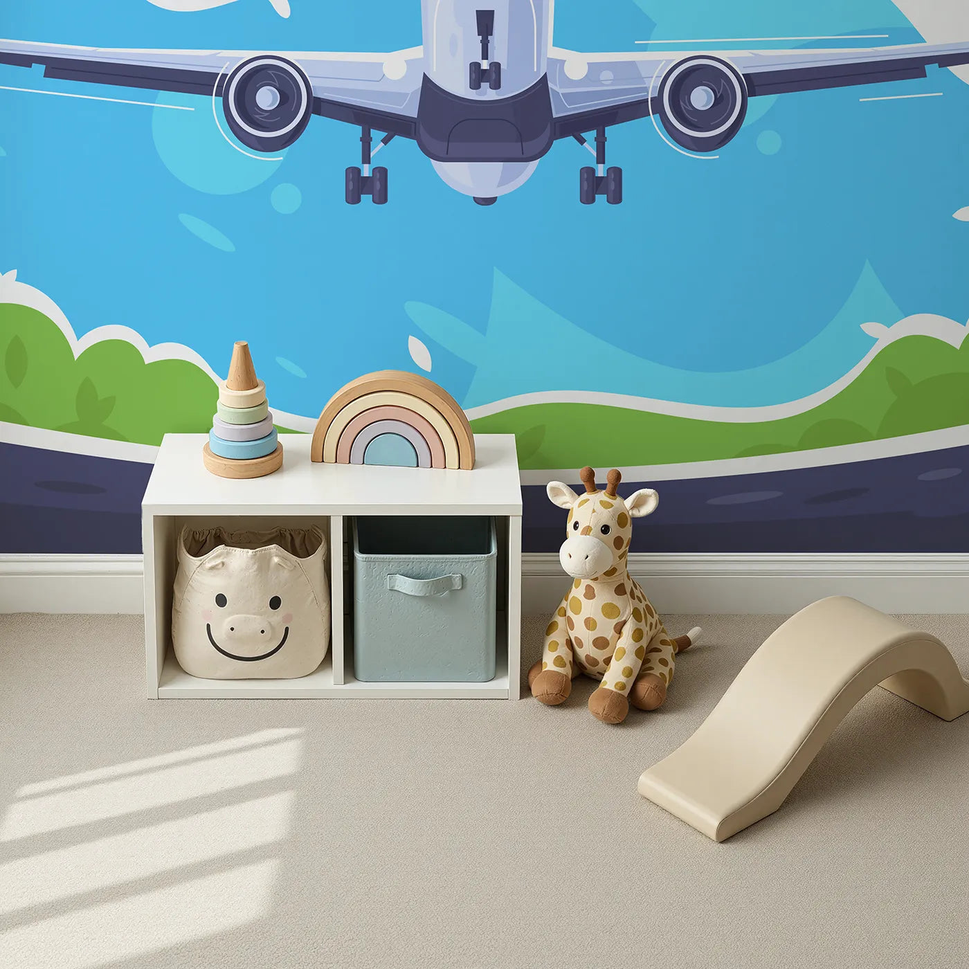 Top-down view of Whimsy Tots' Airplane Takeoff Wall Mural (Turn Their Room into a High-Flying Adventure).Gender-Neutral