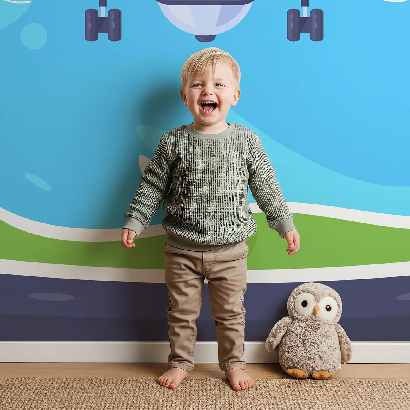 Child in front of Whimsy Tots Airplane Takeoff Wall Mural with airplane, plane, sky, cloud, fly, travel, takeoff, cartoon in design.