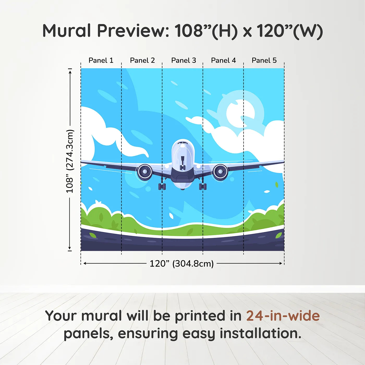Whimsy Tots Airplane Takeoff Wall Muraldimension view (108" H x 120" W). Printed in five 24-inch-wide panels. Gender-Neutral