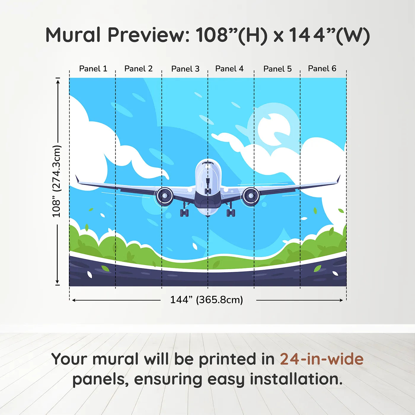 Whimsy Tots Airplane Takeoff Wall Muraldimension view (108" H x 144" W). Printed in six 24-inch-wide panels. Gender-Neutral