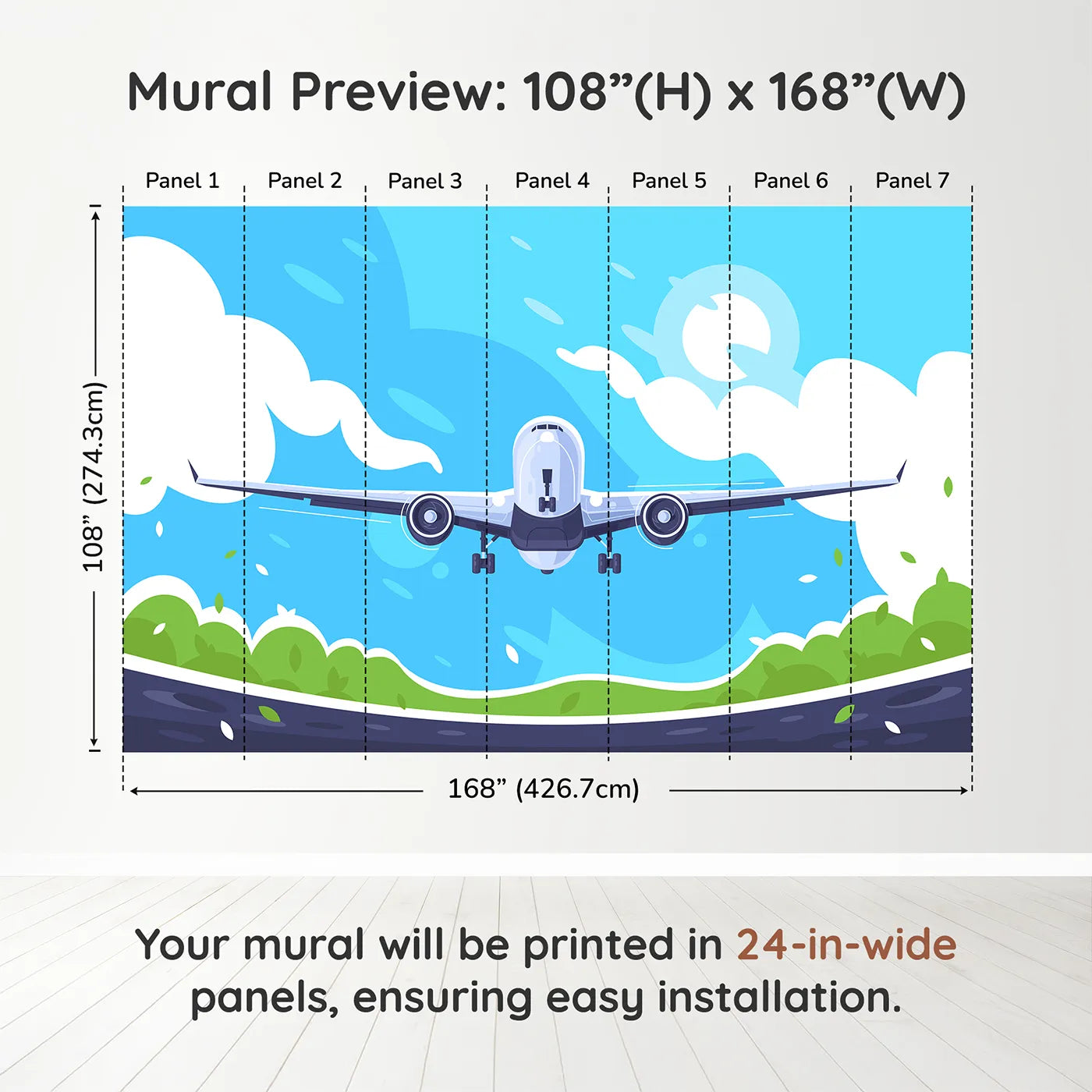 Whimsy Tots Airplane Takeoff Wall Muraldimension view (108" H x 168" W). Printed in seven 24-inch-wide panels. Gender-Neutral