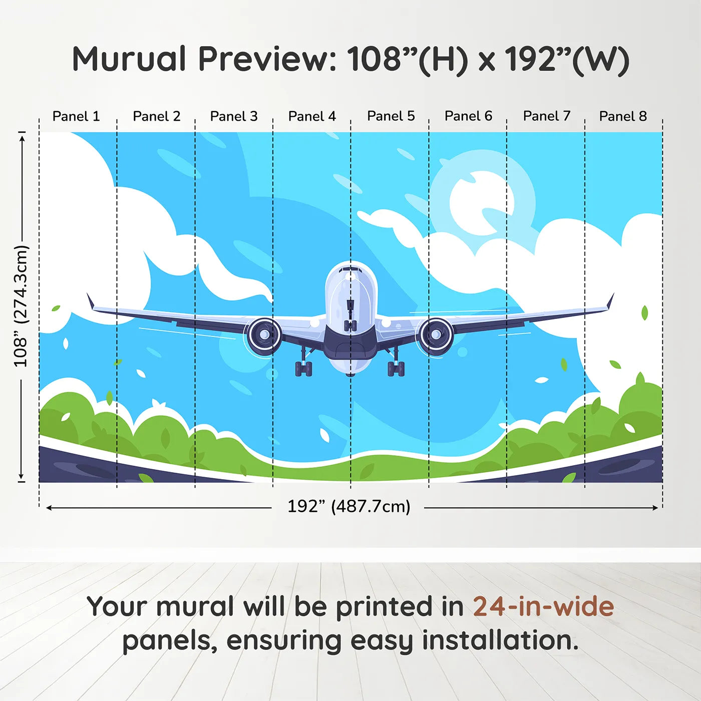 Whimsy Tots Airplane Takeoff Wall Muraldimension view (108" H x 192" W). Printed in eight 24-inch-wide panels. Gender-Neutral