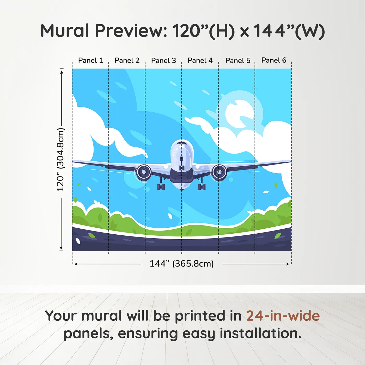 Whimsy Tots Airplane Takeoff Wall Muraldimension view (120" H x 144" W). Printed in six 24-inch-wide panels. Gender-Neutral
