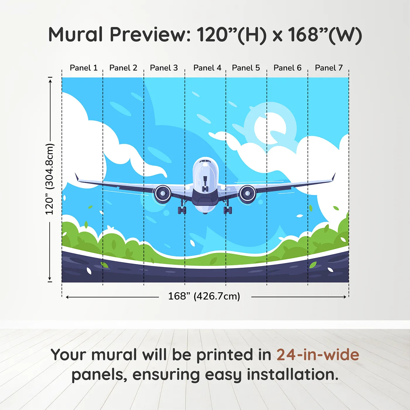 Whimsy Tots Airplane Takeoff Wall Muraldimension view (120" H x 168" W). Printed in seven 24-inch-wide panels. Gender-Neutral