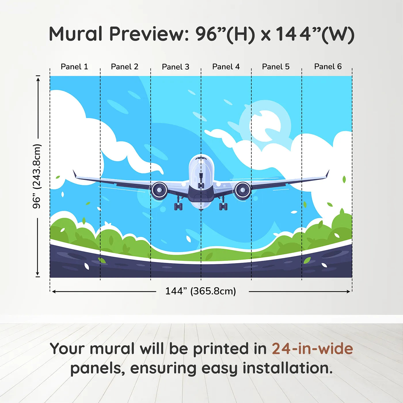 Whimsy Tots Airplane Takeoff Wall Muraldimension view (96" H x 144" W). Printed in six 24-inch-wide panels. Gender-Neutral