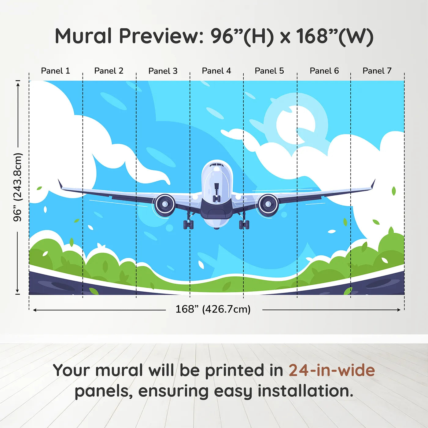 Whimsy Tots Airplane Takeoff Wall Muraldimension view (96" H x 168" W). Printed in seven 24-inch-wide panels. Gender-Neutral