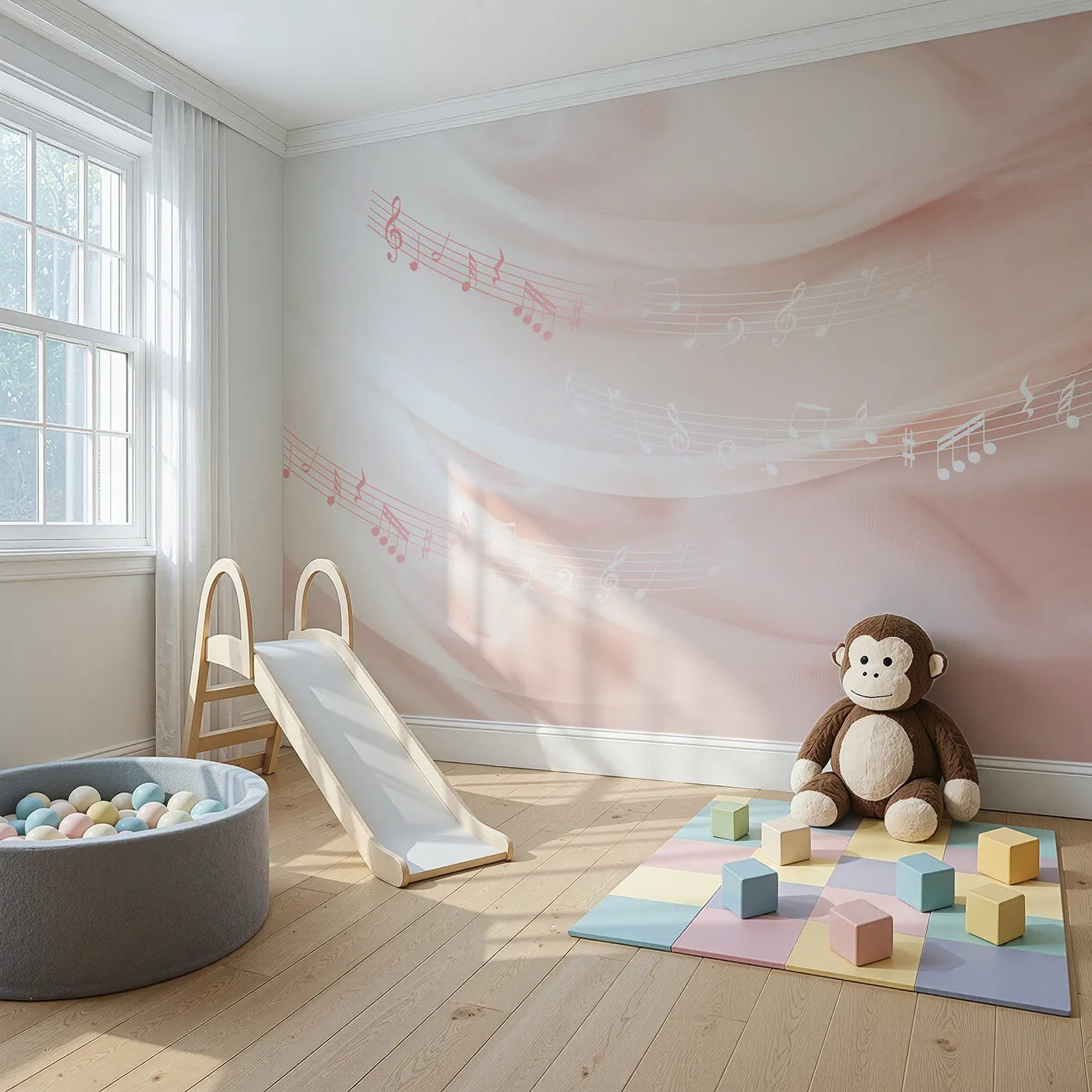 Angled view of Whimsy Tots' Gentle Melody Wall Mural in Pink (Turn Their Room into a Soft and Soothing Symphony).Best for Girls